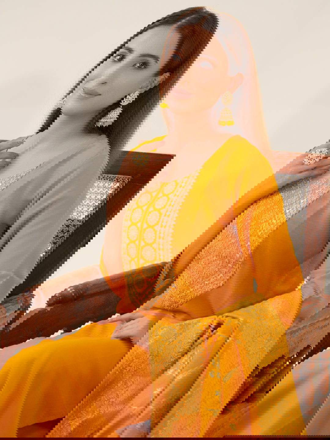 Mustrad Color Poly Chinon Ethnic Motifs Woven Design Zari Regular Kurta with Trousers & Banarasi Dupatta - Buy Best Ethnic Wear for Women & Girls | Daily Woman -