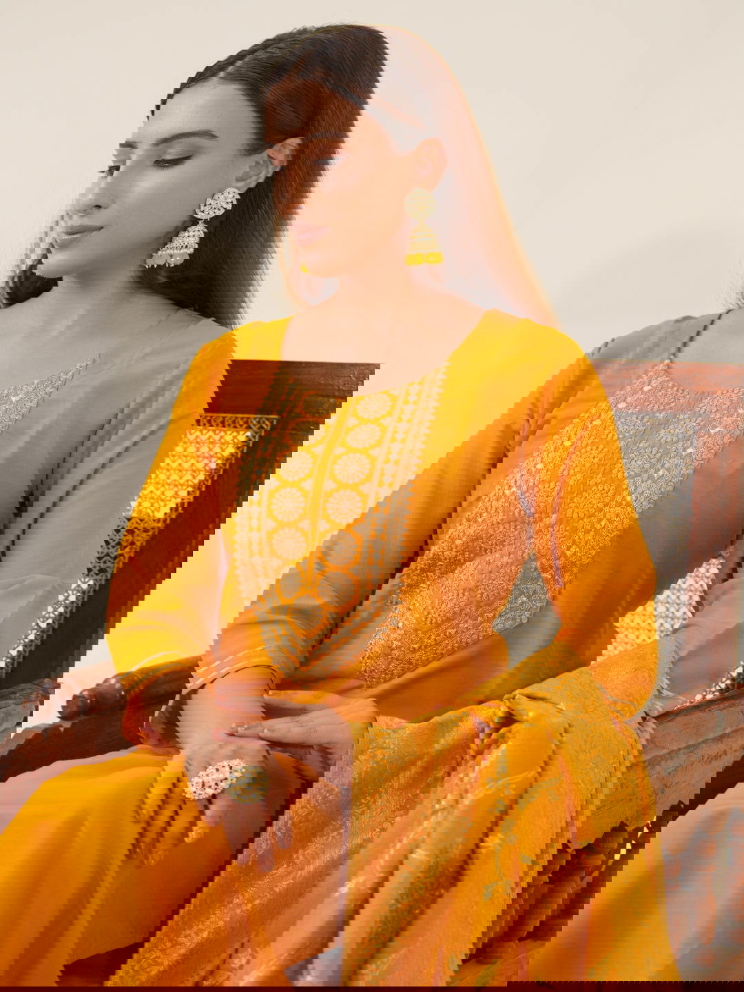 Mustrad Color Poly Chinon Ethnic Motifs Woven Design Zari Regular Kurta with Trousers & Banarasi Dupatta - Buy Best Ethnic Wear for Women & Girls | Daily Woman -