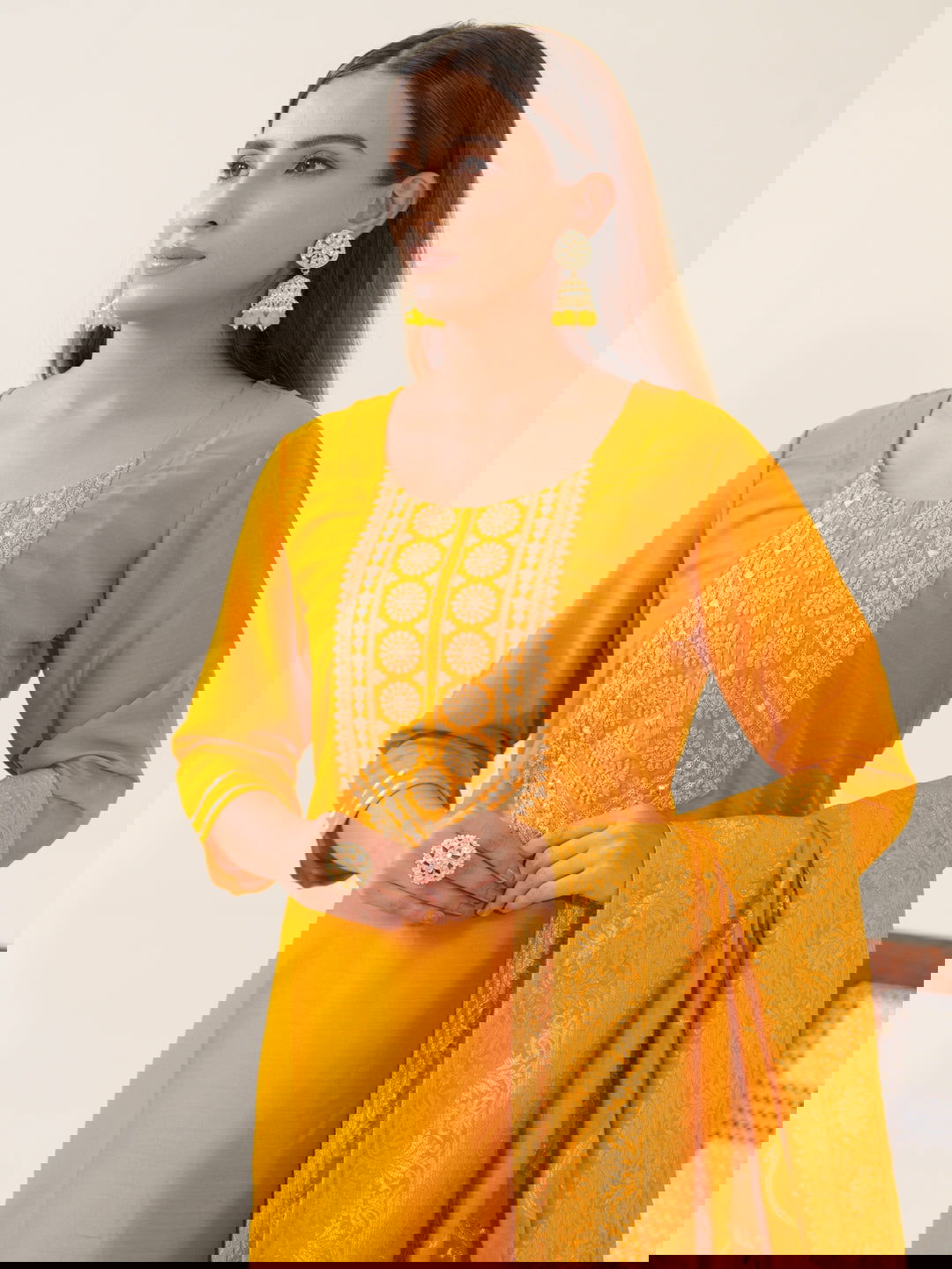 Mustrad Color Poly Chinon Ethnic Motifs Woven Design Zari Regular Kurta with Trousers & Banarasi Dupatta - Buy Best Ethnic Wear for Women & Girls | Daily Woman -