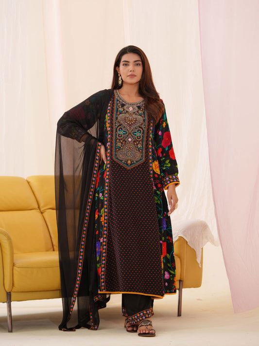Natural Crape  Black color Embroidered Kurta With Trousers & Dupatta - Buy Best Ethnic Wear for Women & Girls | Daily Woman -
