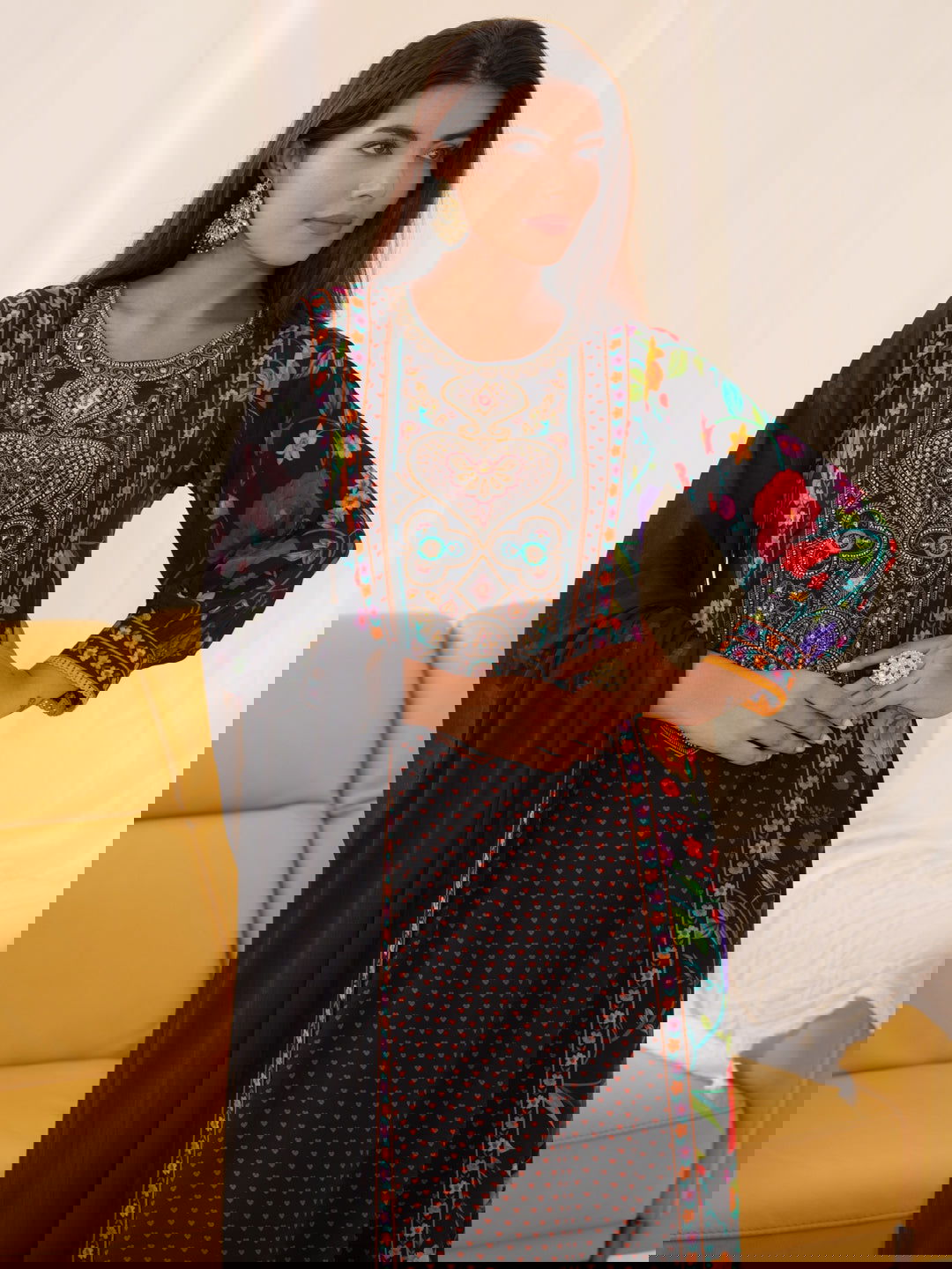 Natural Crape  Black color Embroidered Kurta With Trousers & Dupatta - Buy Best Ethnic Wear for Women & Girls | Daily Woman -