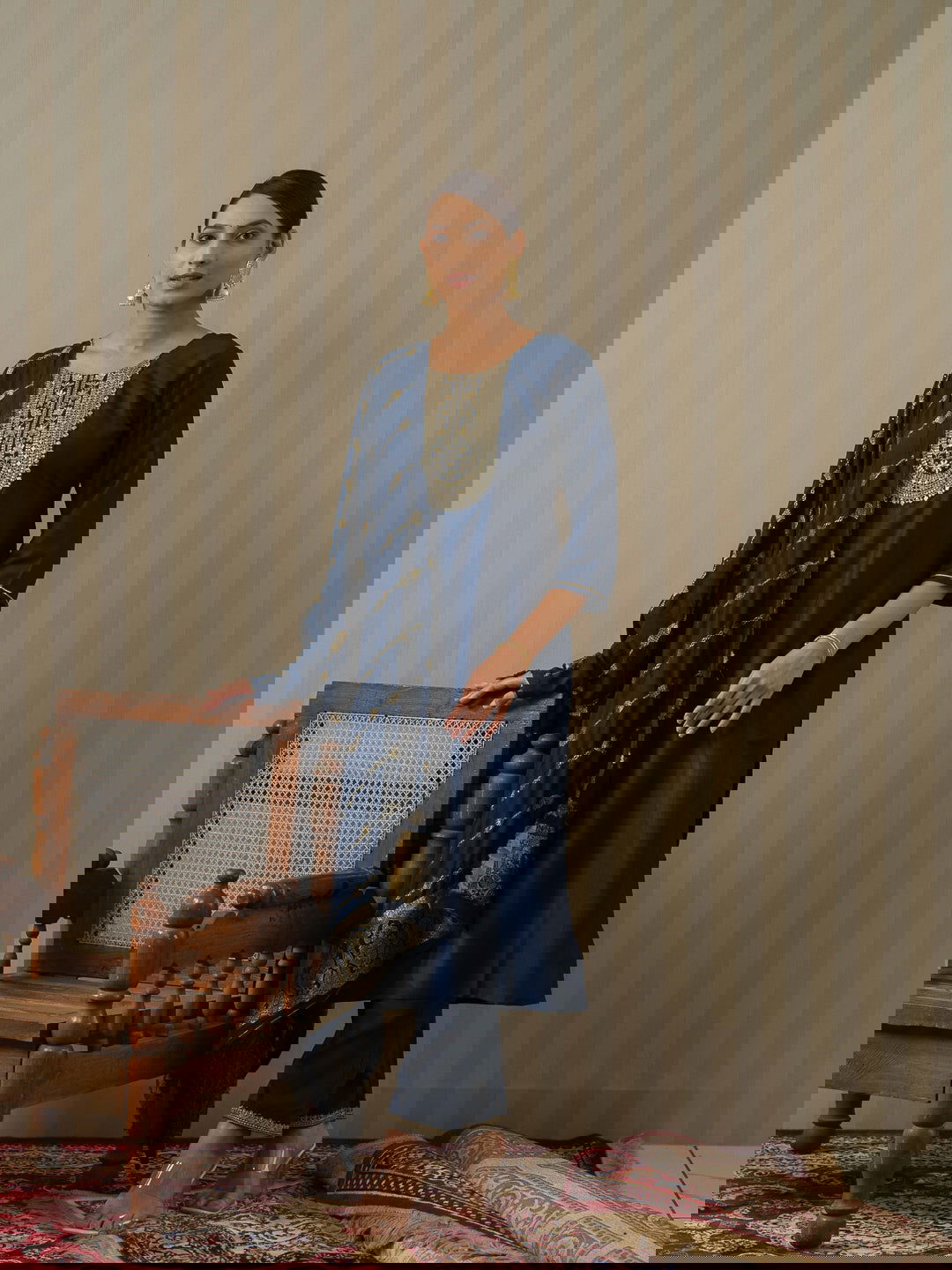 Navy Blue Ethnic Motifs Straight Kurta & Trousers With Dupatta - Buy Best Ethnic Wear for Women & Girls | Daily Woman -