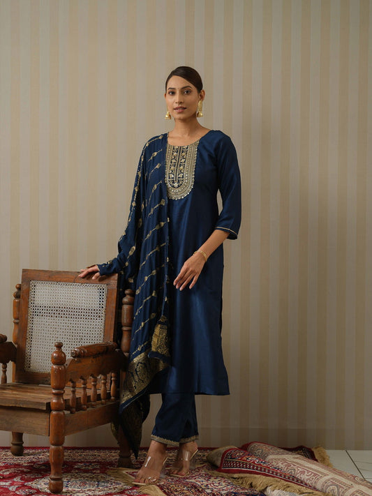 Navy Blue Ethnic Motifs Straight Kurta & Trousers With Dupatta - Buy Best Ethnic Wear for Women & Girls | Daily Woman -