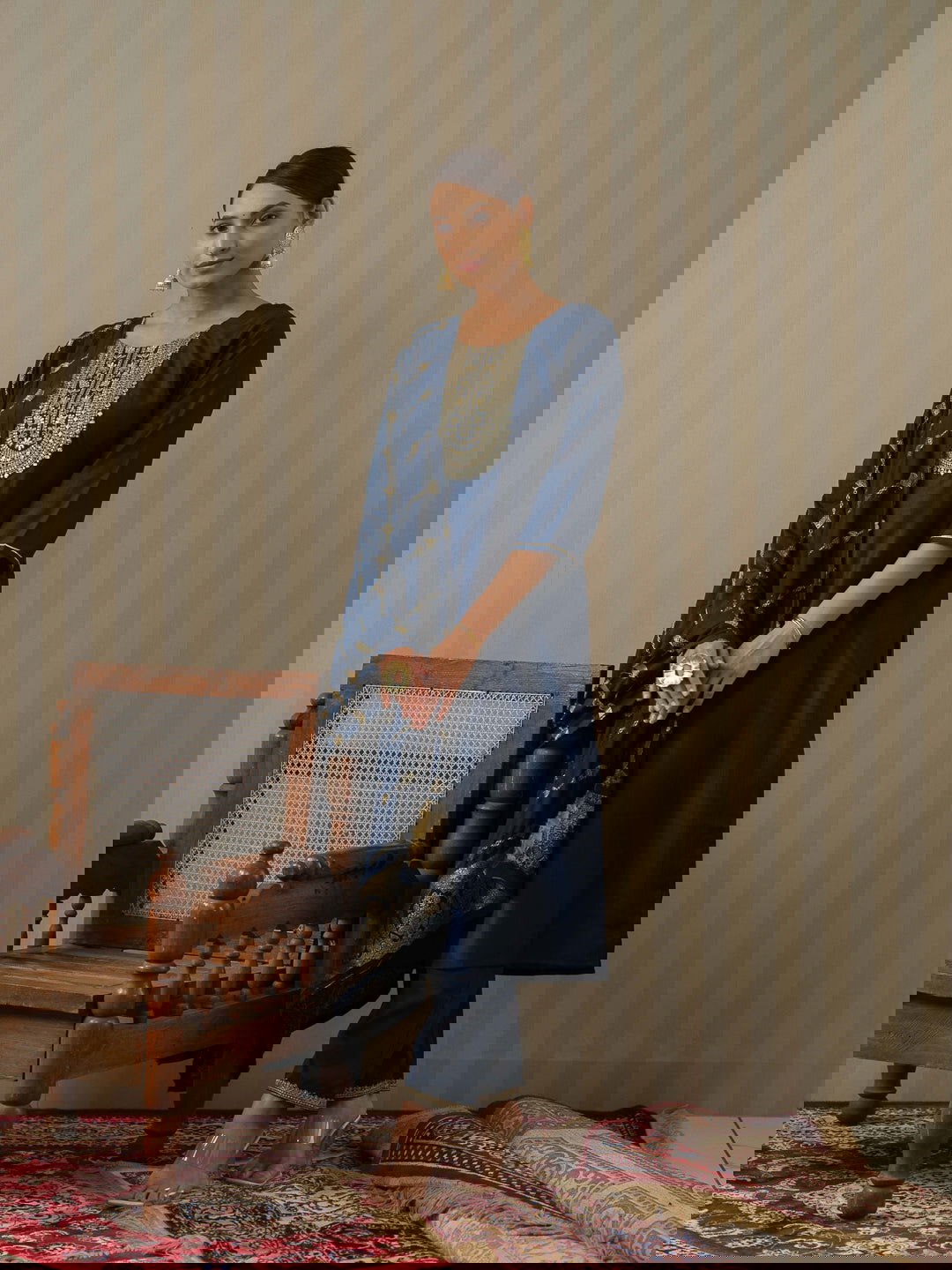 Navy Blue Ethnic Motifs Straight Kurta & Trousers With Dupatta - Buy Best Ethnic Wear for Women & Girls | Daily Woman -