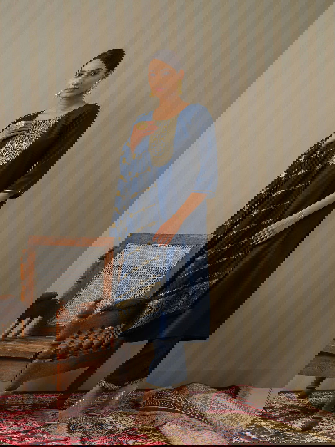 Navy Blue Ethnic Motifs Straight Kurta & Trousers With Dupatta - Buy Best Ethnic Wear for Women & Girls | Daily Woman -