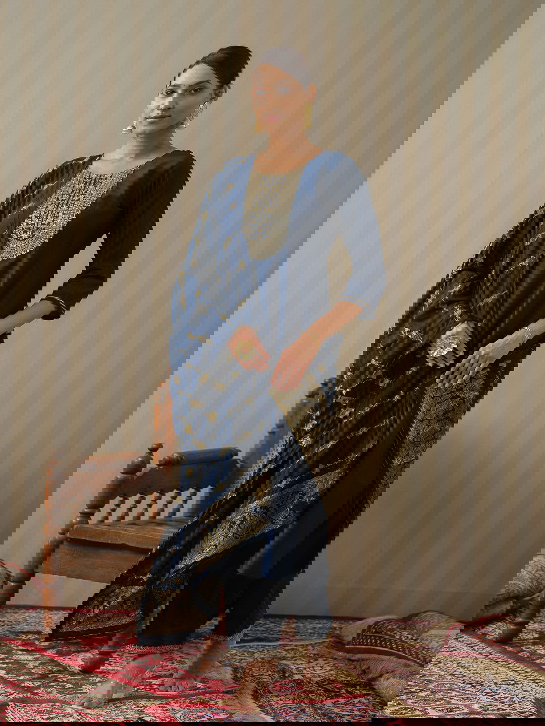 Navy Blue Ethnic Motifs Straight Kurta & Trousers With Dupatta - Buy Best Ethnic Wear for Women & Girls | Daily Woman -