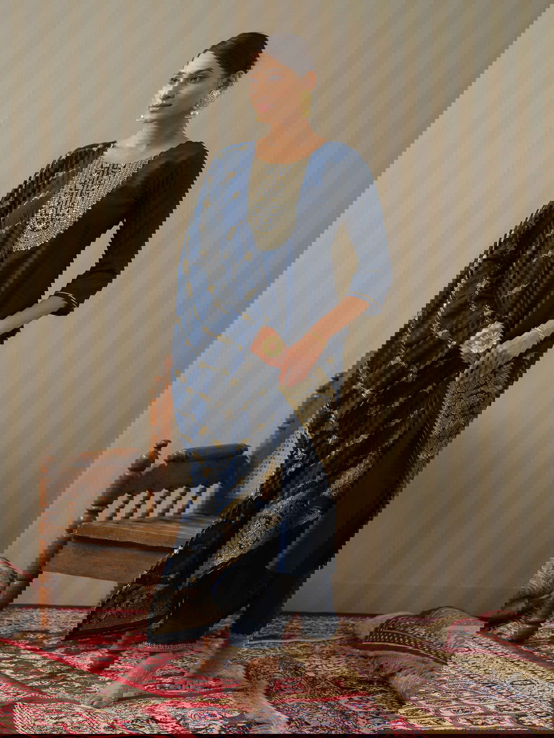 Navy Blue Ethnic Motifs Straight Kurta & Trousers With Dupatta - Buy Best Ethnic Wear for Women & Girls | Daily Woman -