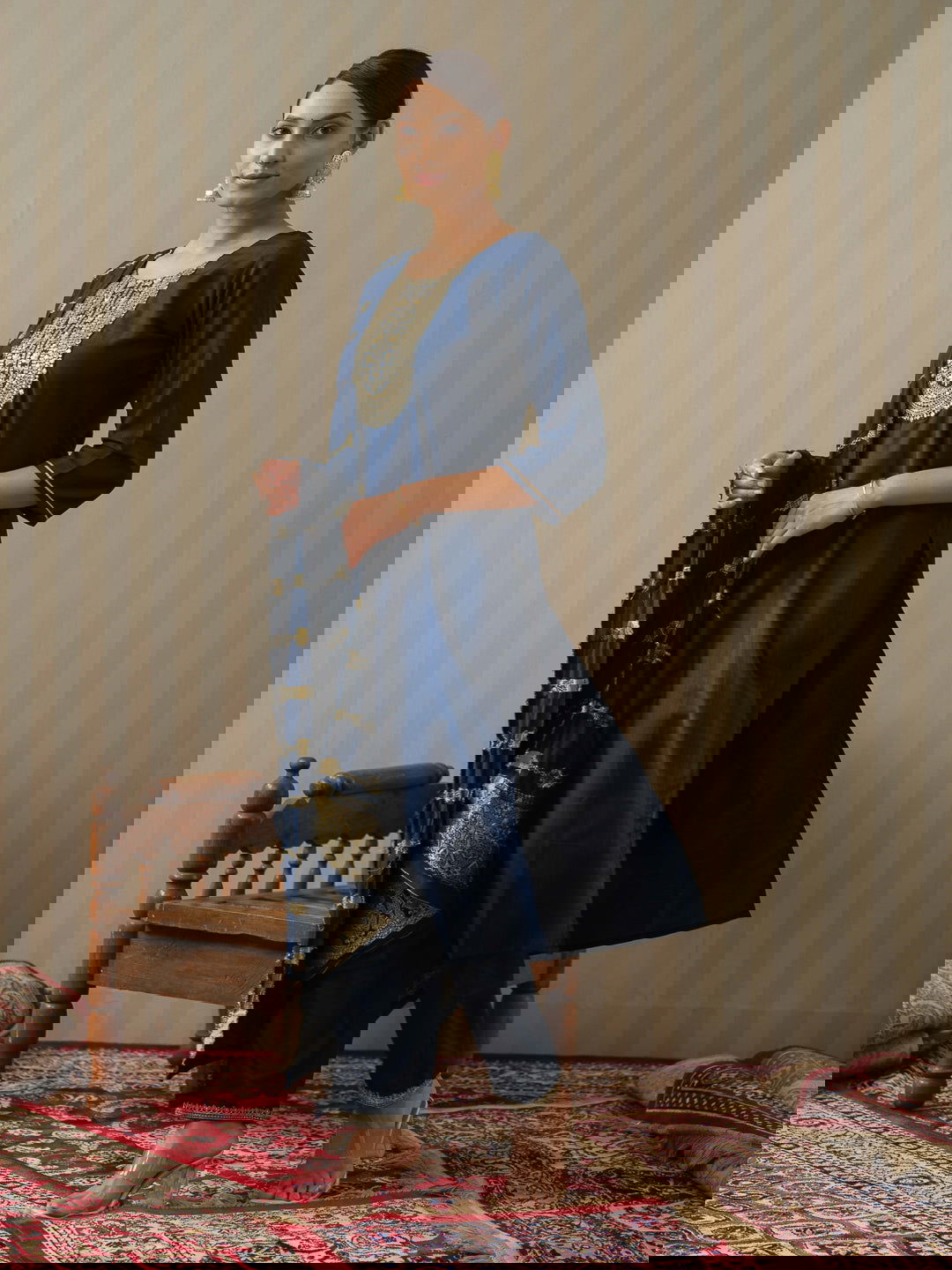 Navy Blue Ethnic Motifs Straight Kurta & Trousers With Dupatta - Buy Best Ethnic Wear for Women & Girls | Daily Woman -