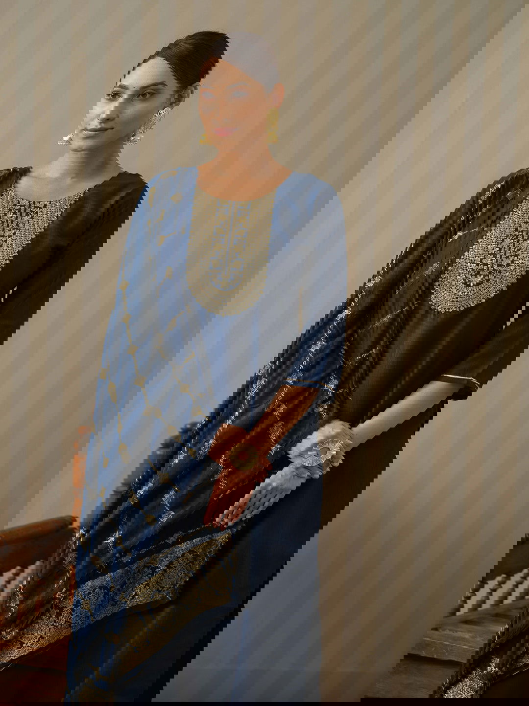 Navy Blue Ethnic Motifs Straight Kurta & Trousers With Dupatta - Buy Best Ethnic Wear for Women & Girls | Daily Woman -