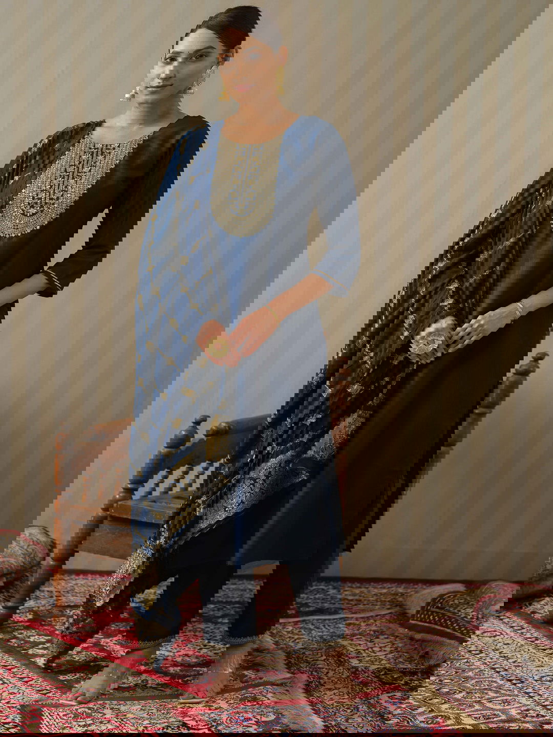 Navy Blue Ethnic Motifs Straight Kurta & Trousers With Dupatta - Buy Best Ethnic Wear for Women & Girls | Daily Woman -