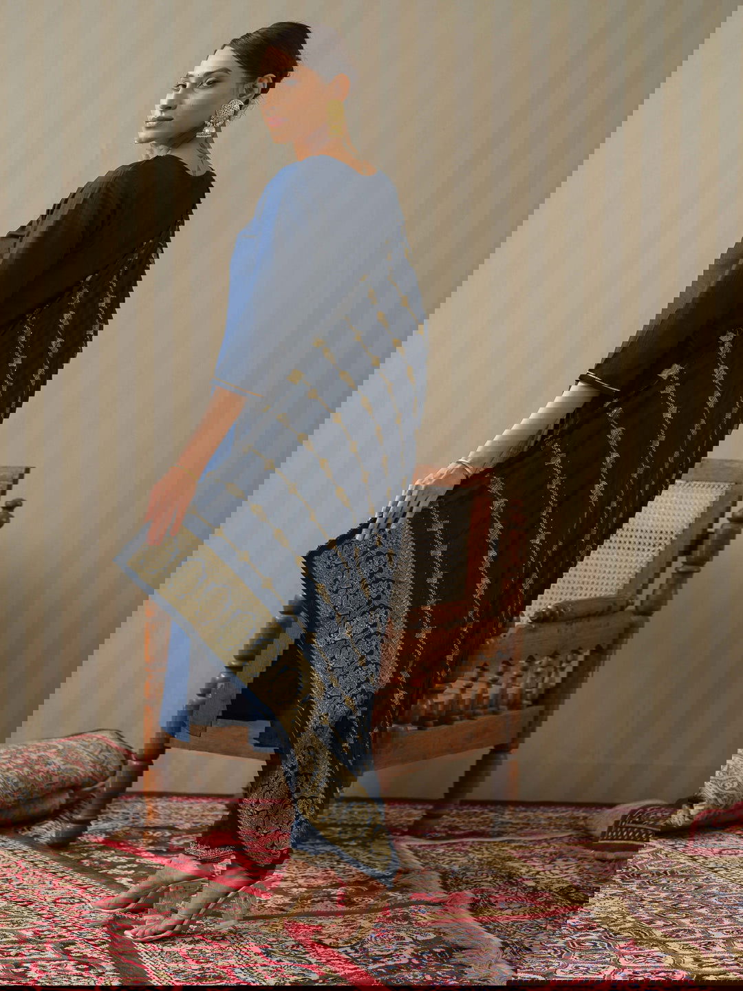 Navy Blue Ethnic Motifs Straight Kurta & Trousers With Dupatta - Buy Best Ethnic Wear for Women & Girls | Daily Woman -