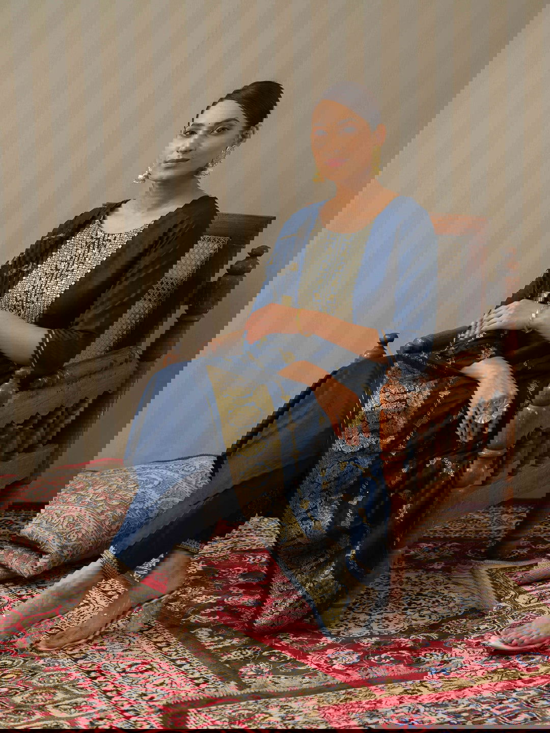 Navy Blue Ethnic Motifs Straight Kurta & Trousers With Dupatta - Buy Best Ethnic Wear for Women & Girls | Daily Woman -