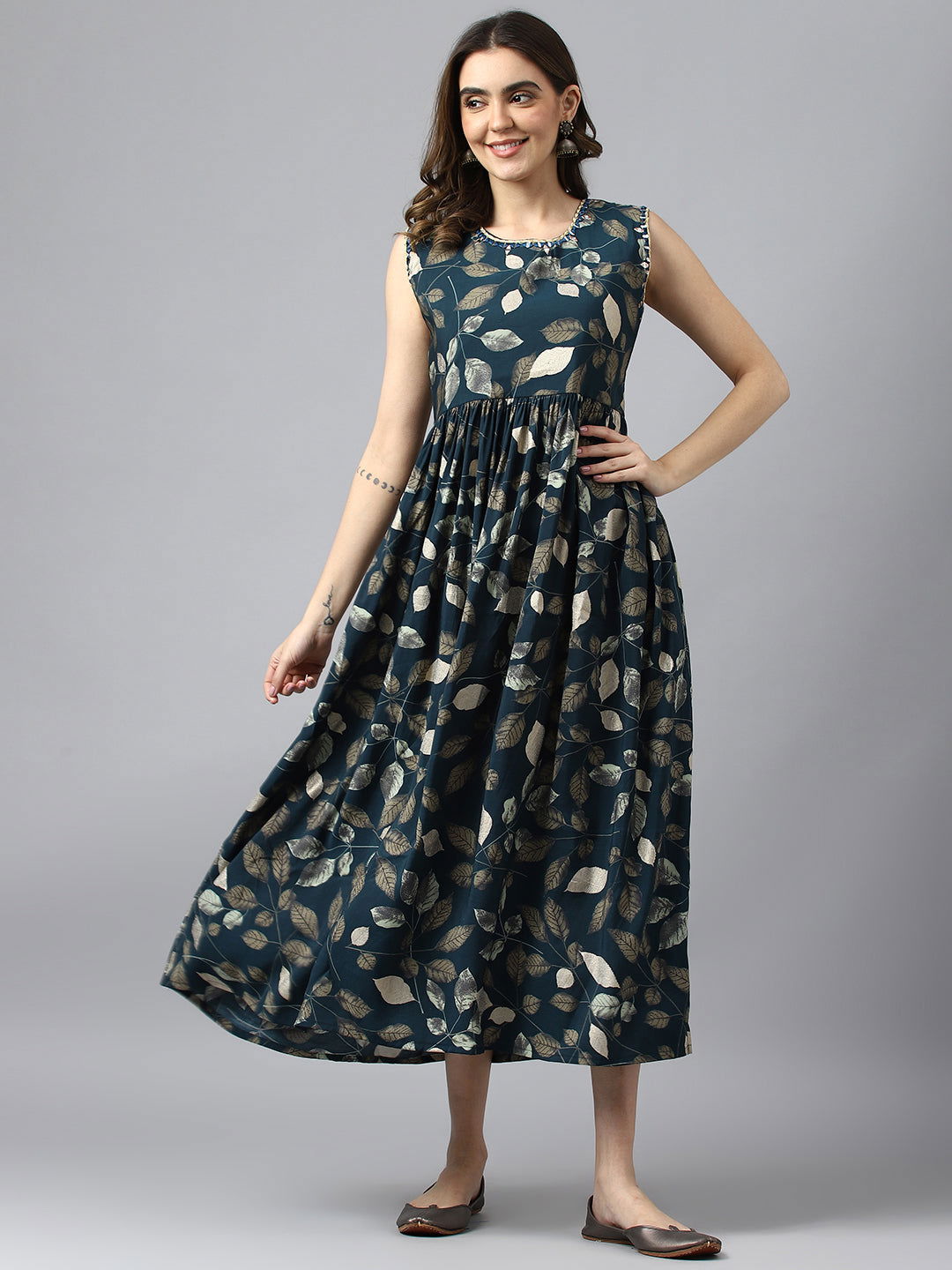 fit and flare ethnic dress Teal Floral Embroidered Sequinned Fit and Flare Ethnic Dress With Dupatta S-36