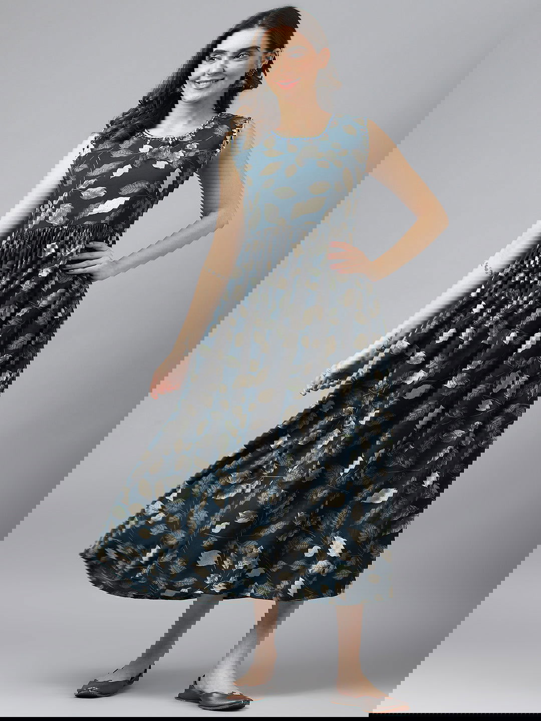 Navy Blue Flared Printed Fit and Flare Ethnic Dresses - Buy Best Ethnic Wear for Women & Girls | Daily Woman -