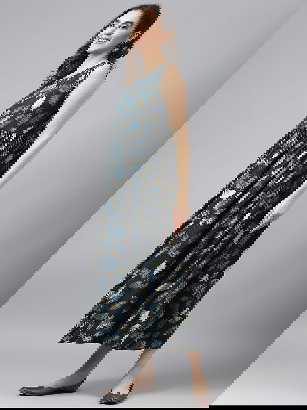 Navy Blue Flared Printed Fit and Flare Ethnic Dresses - Buy Best Ethnic Wear for Women & Girls | Daily Woman -