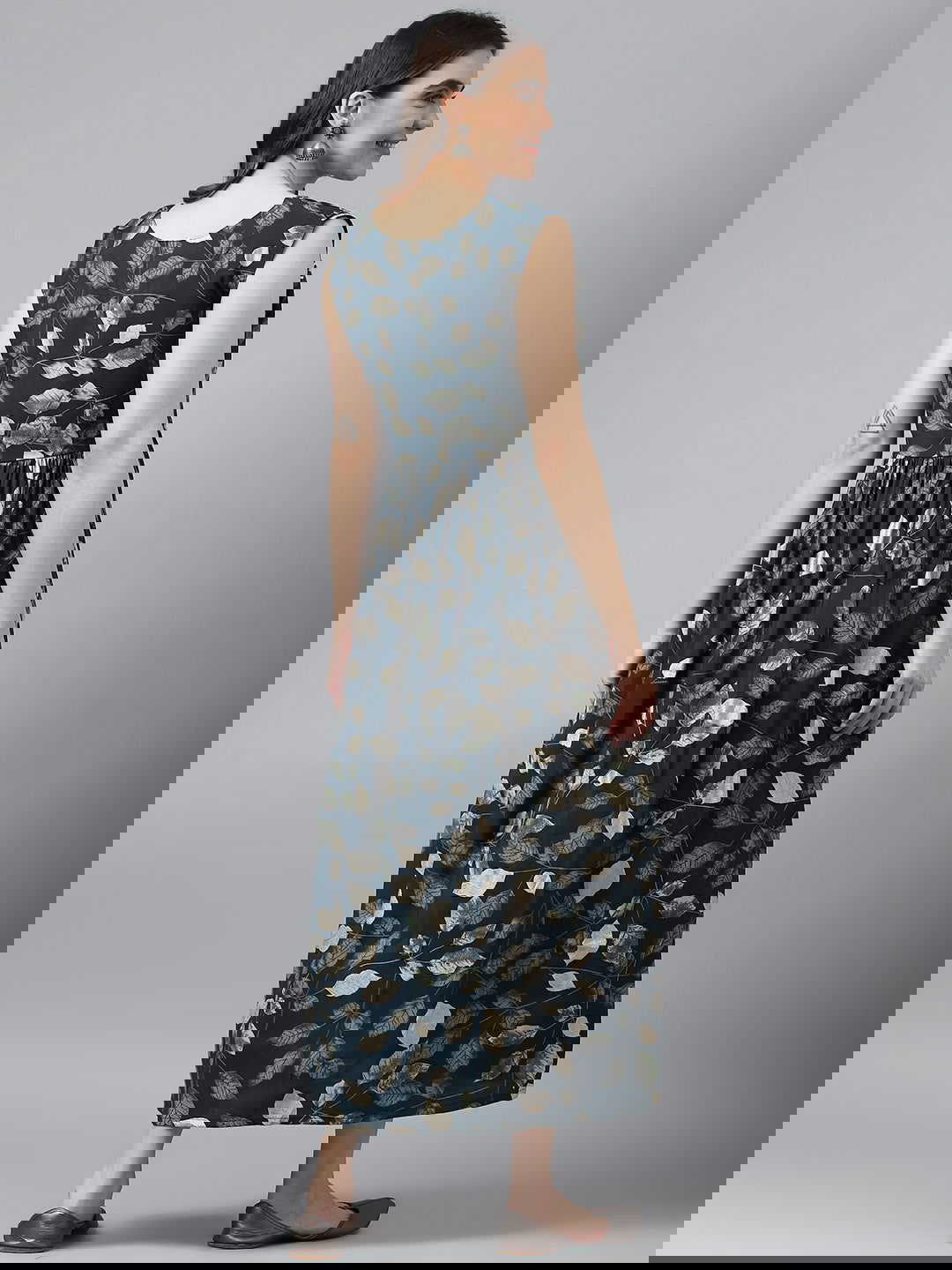 Navy Blue Flared Printed Fit and Flare Ethnic Dresses - Buy Best Ethnic Wear for Women & Girls | Daily Woman -