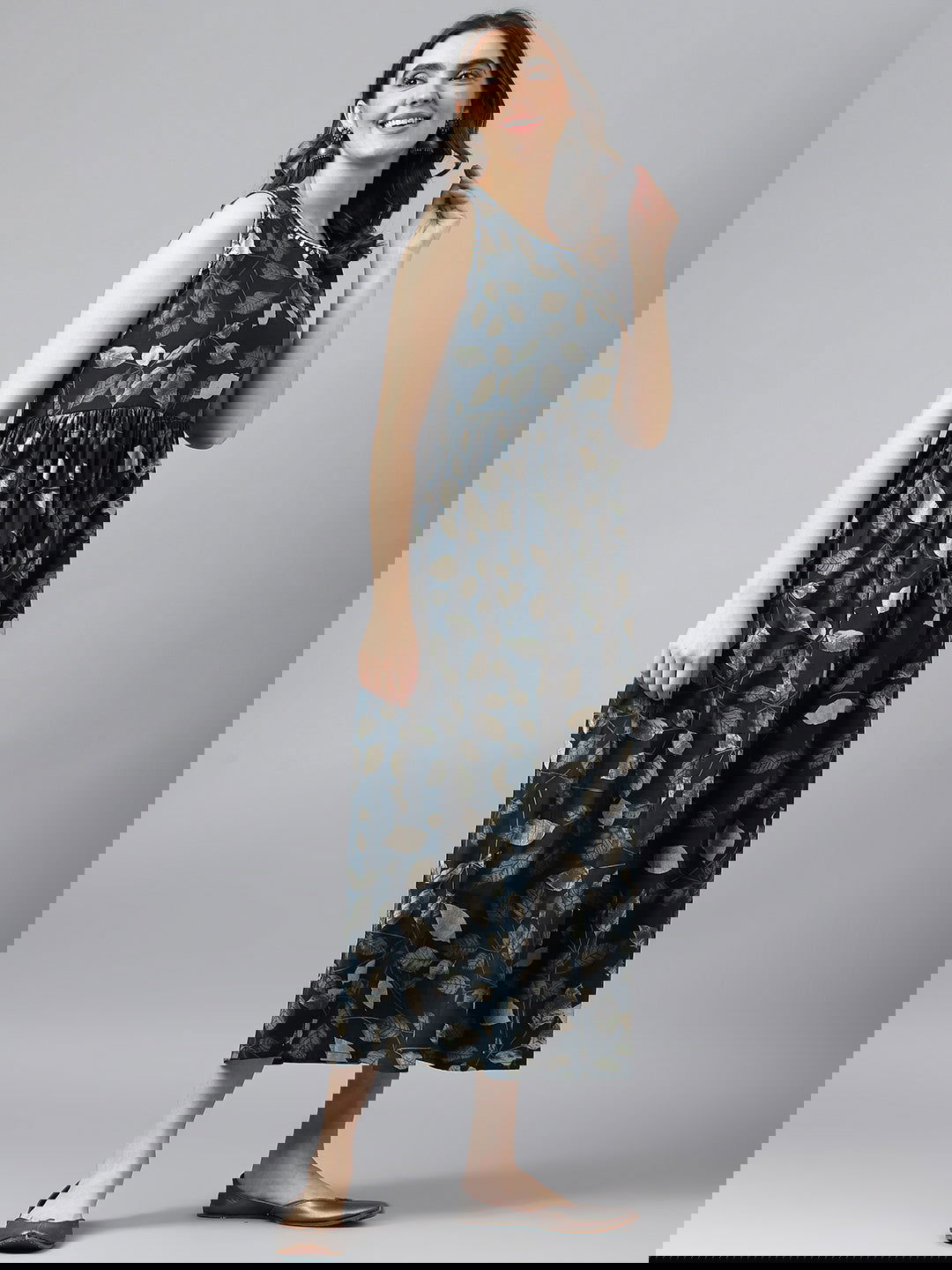 Navy Blue Flared Printed Fit and Flare Ethnic Dresses - Buy Best Ethnic Wear for Women & Girls | Daily Woman -