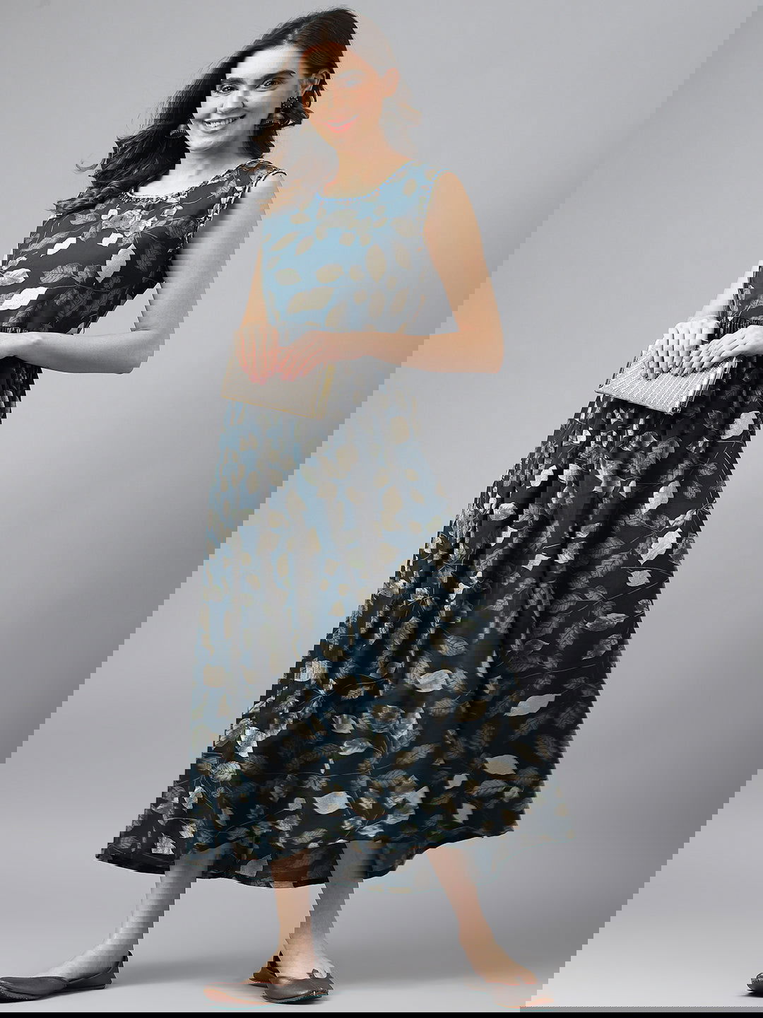 Navy Blue Flared Printed Fit and Flare Ethnic Dresses - Buy Best Ethnic Wear for Women & Girls | Daily Woman -