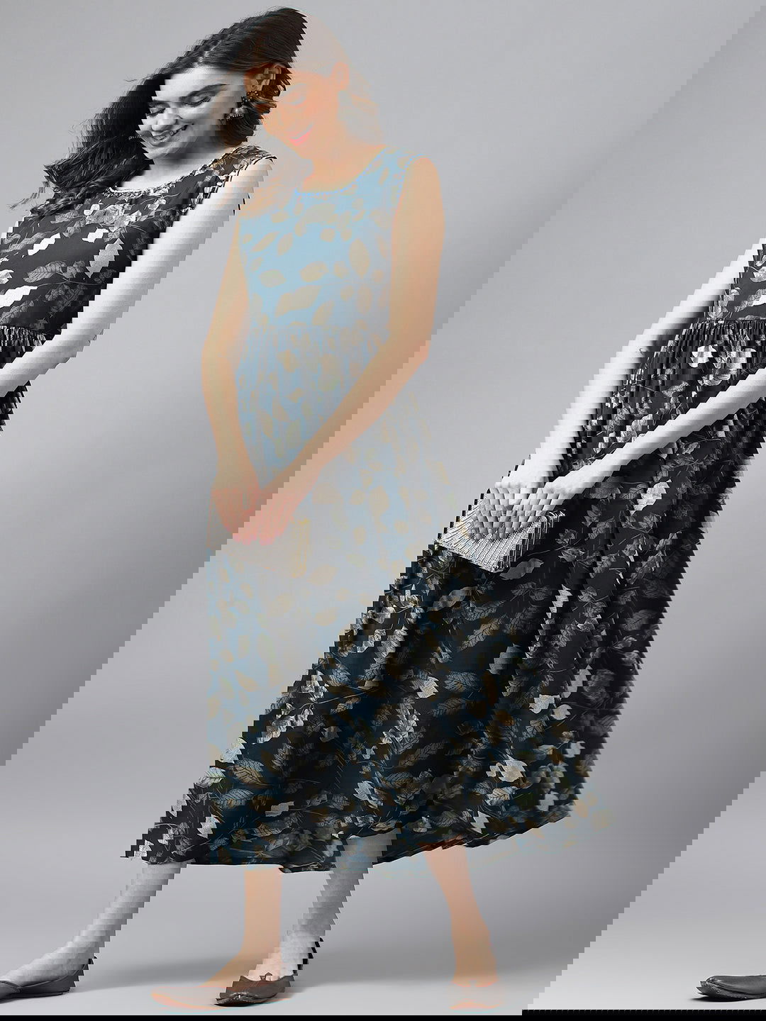 Navy Blue Flared Printed Fit and Flare Ethnic Dresses - Buy Best Ethnic Wear for Women & Girls | Daily Woman -