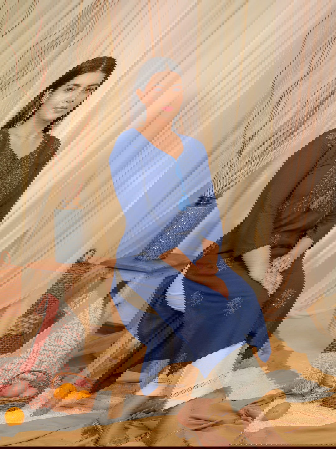 Navy Blue Floral Embroidered Thread Work Straight Kurta - Buy Best Ethnic Wear for Women & Girls | Daily Woman -