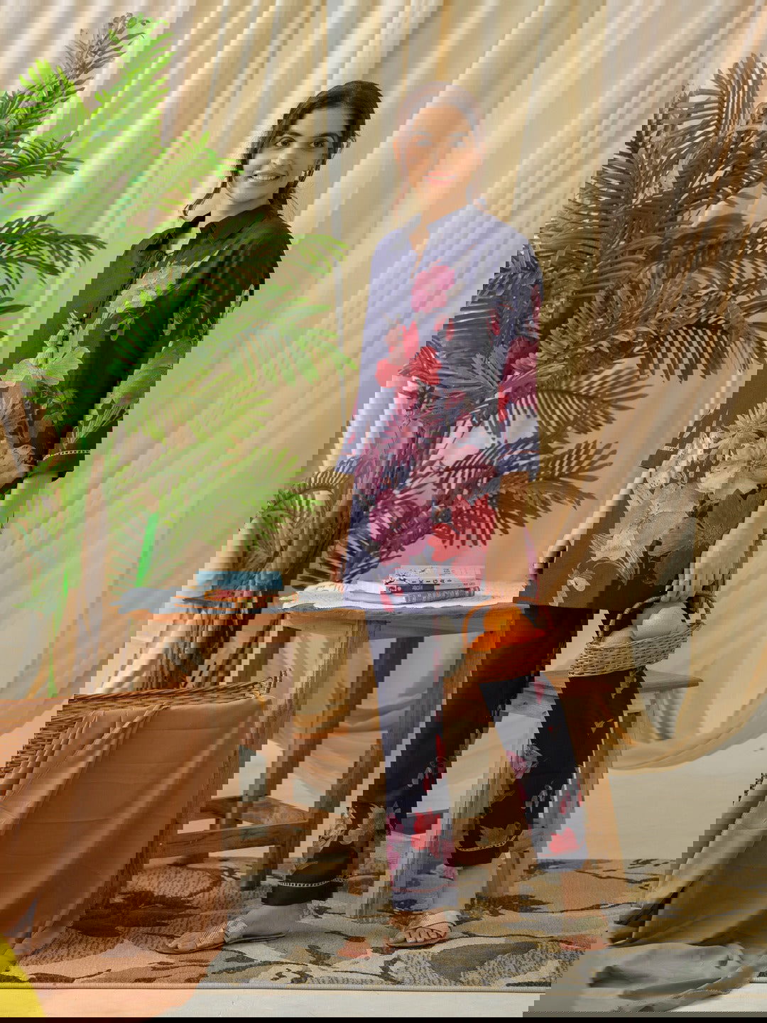 Navy Blue Floral Printed Linen Co-Ords - Buy Best Ethnic Wear for Women & Girls | Daily Woman -