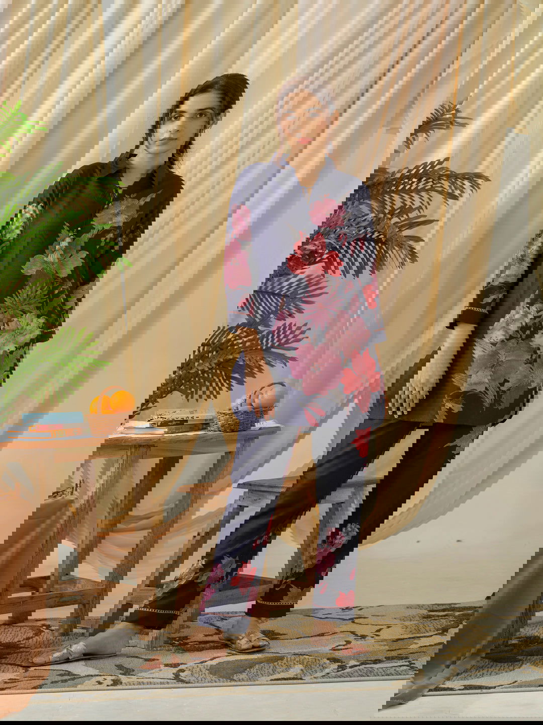 Navy Blue Floral Printed Linen Co-Ords - Buy Best Ethnic Wear for Women & Girls | Daily Woman -