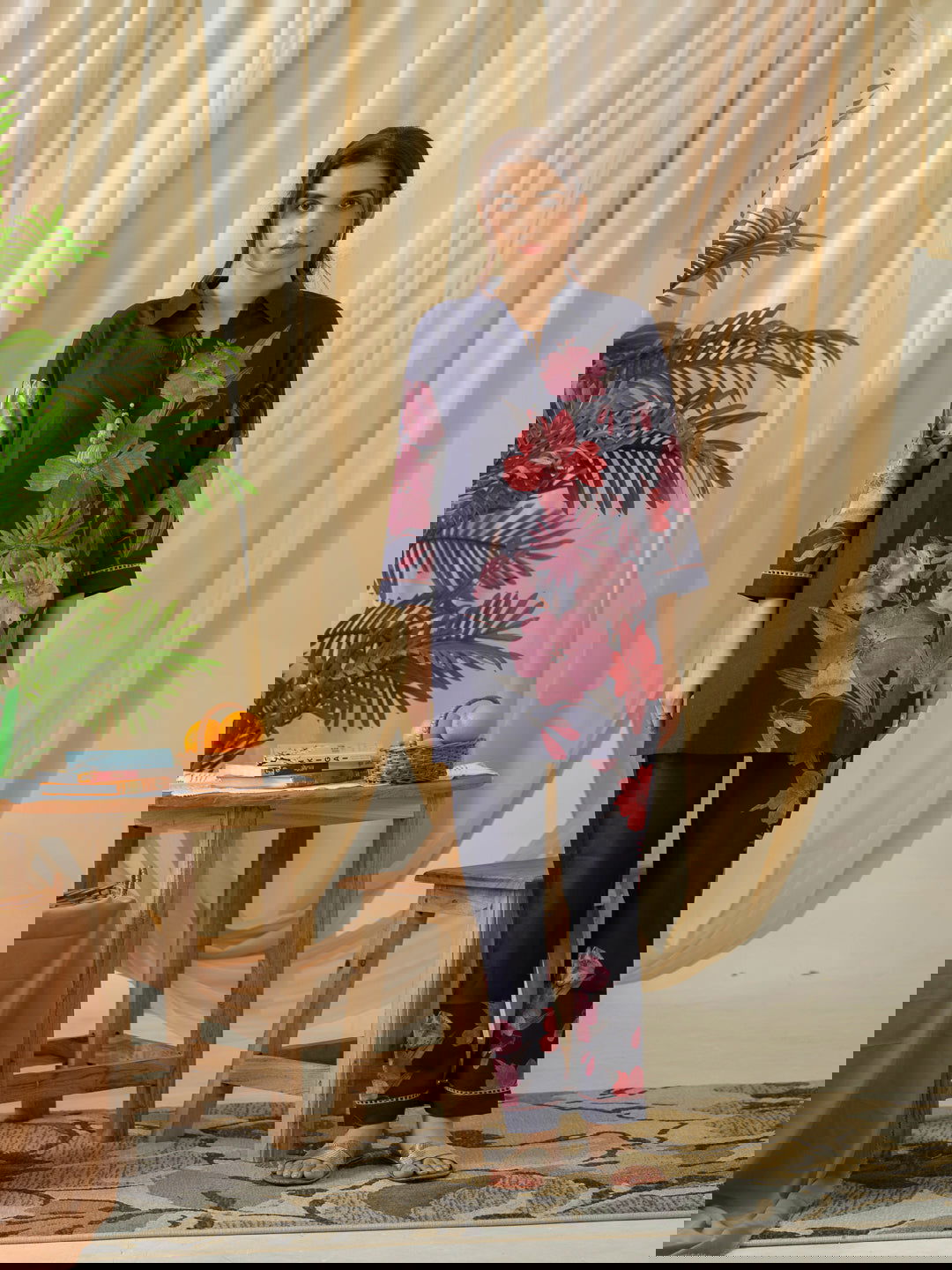 Navy Blue Floral Printed Linen Co-Ords - Buy Best Ethnic Wear for Women & Girls | Daily Woman -