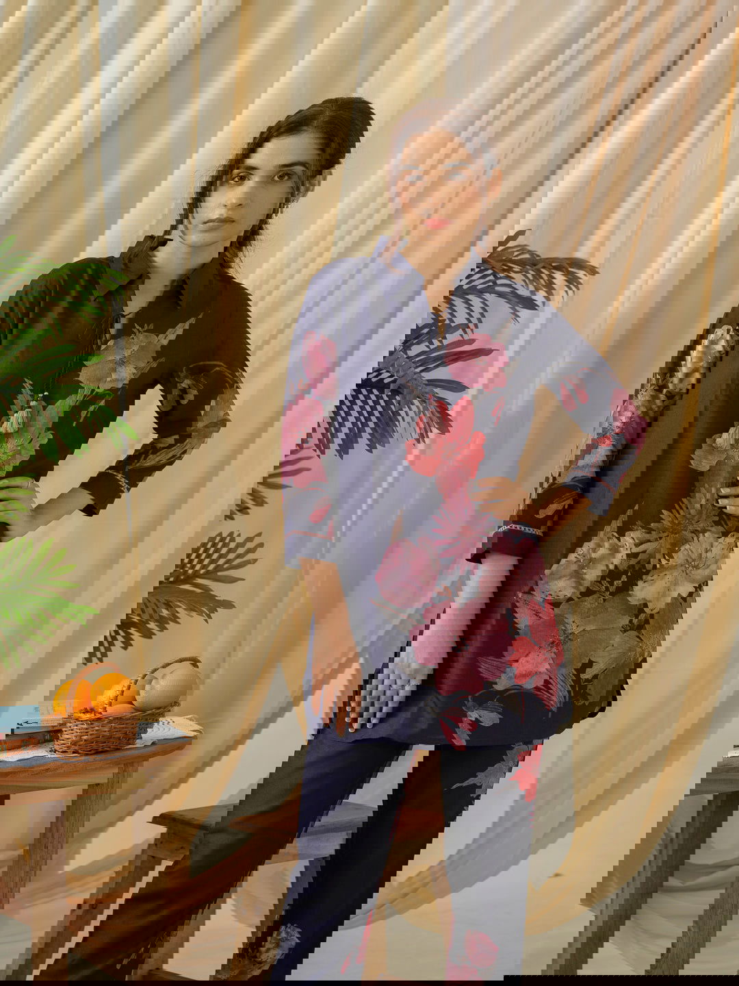 Navy Blue Floral Printed Linen Co-Ords - Buy Best Ethnic Wear for Women & Girls | Daily Woman -