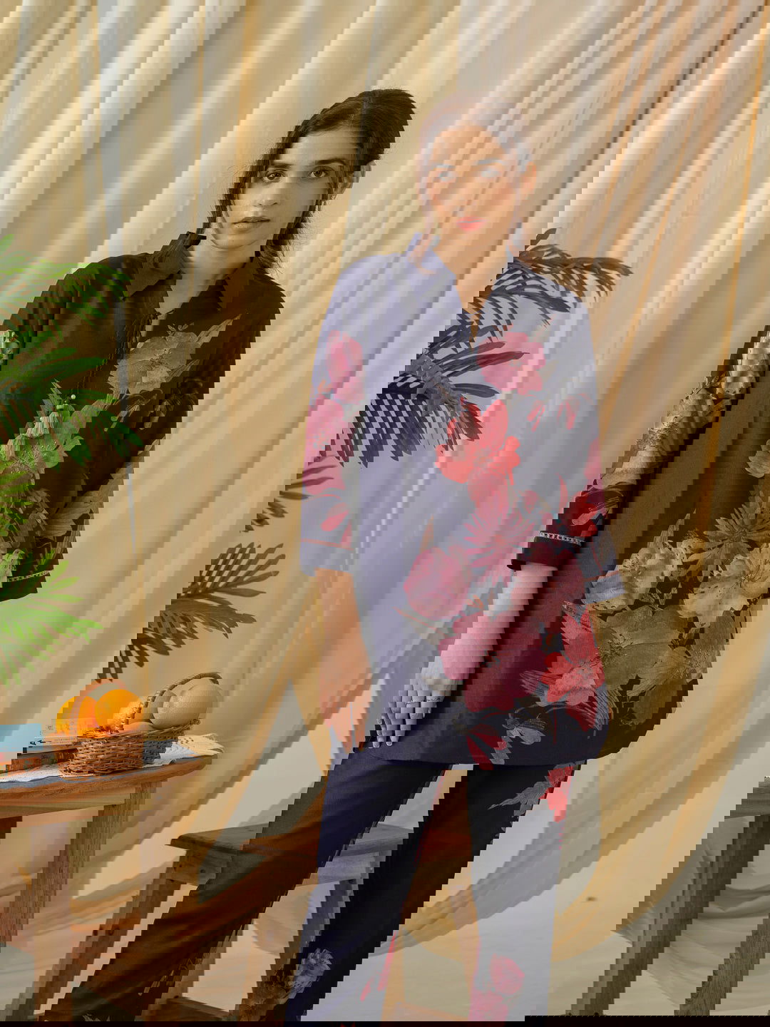 Navy Blue Floral Printed Linen Co-Ords - Buy Best Ethnic Wear for Women & Girls | Daily Woman -