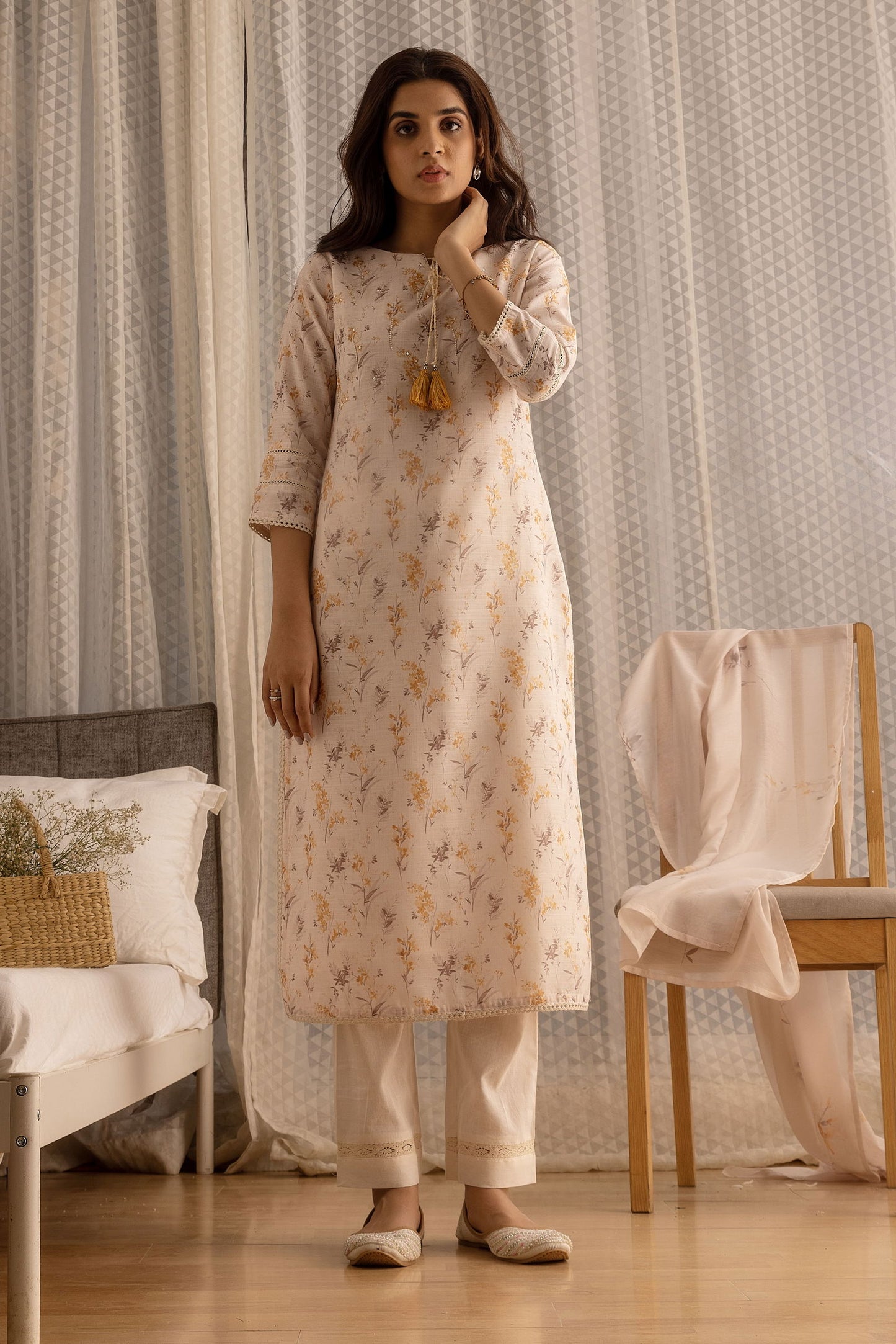 Off-White Floral Printed Tie-Up Neck Beads & Stones Pure Linen Kurta - Buy Best Ethnic Wear for Women & Girls | Daily Woman -