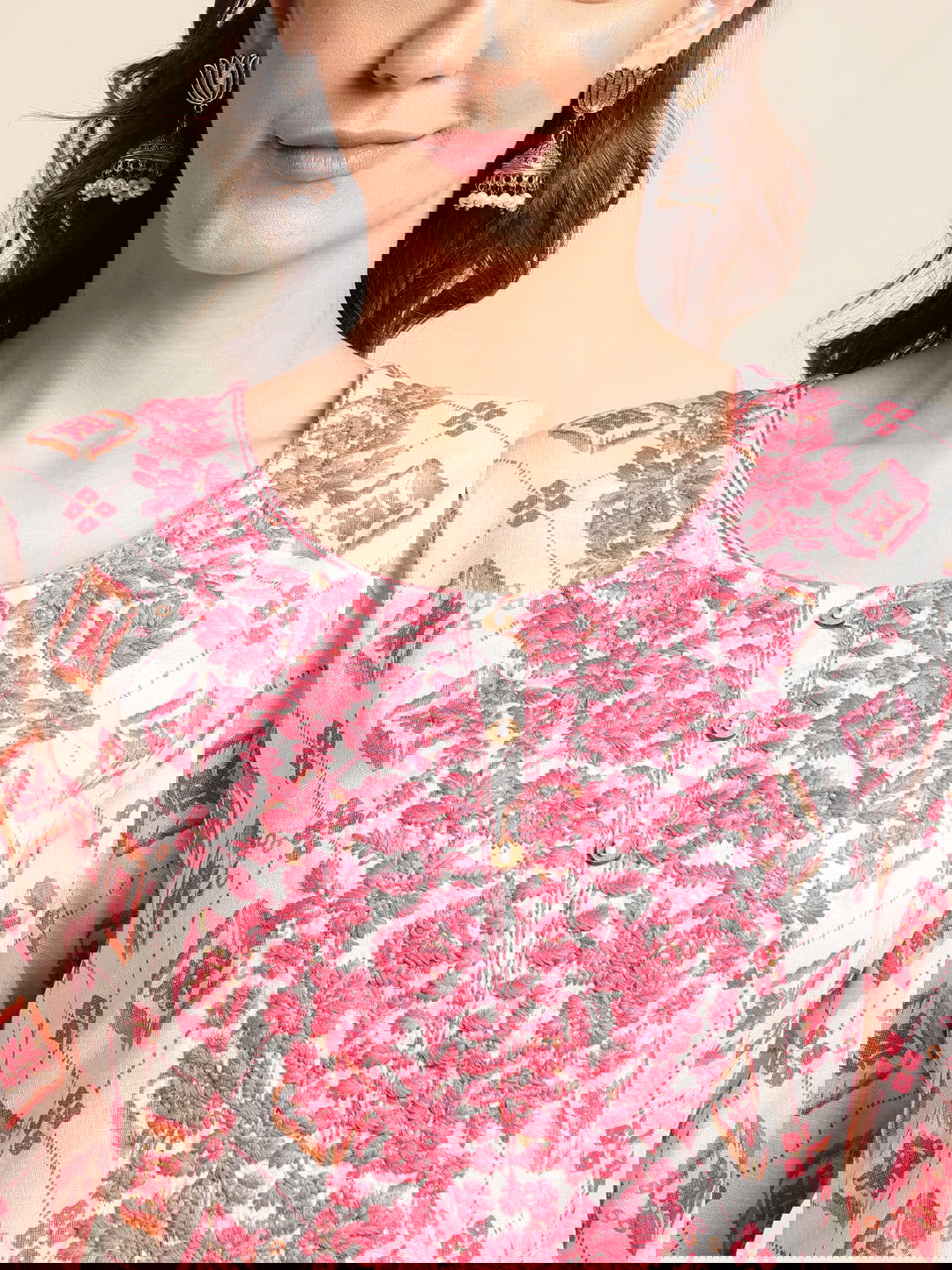 Off-White & Pink Ethnic Motifs Woven Design Thread Work Straight Kurta - Buy Best Ethnic Wear for Women & Girls | Daily Woman -