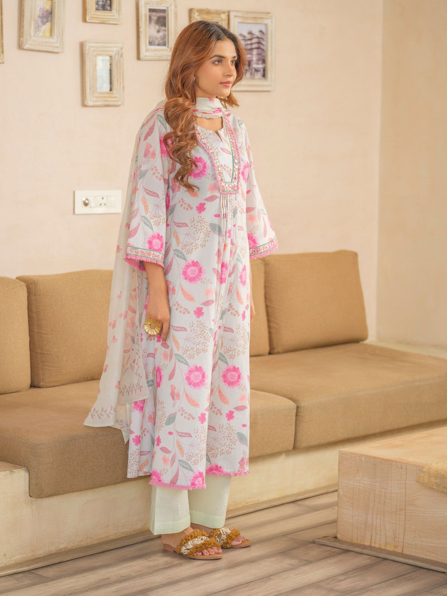 Off White Floral Printed A-Line Kurta and Palazzos With Dupatta - Buy Best Ethnic Wear for Women & Girls | Daily Woman -