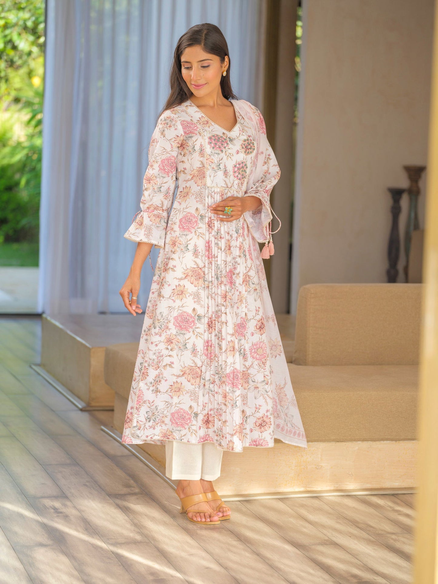 Off White Floral Printed A-Line Kurta and Trousers With Dupatta - Buy Best Ethnic Wear for Women & Girls | Daily Woman -
