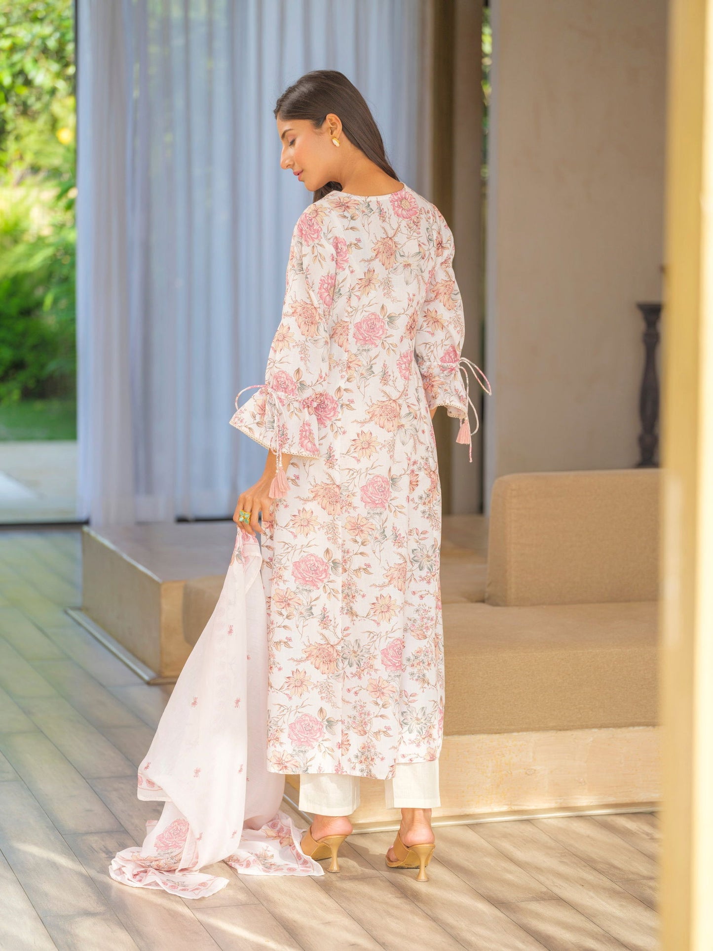 Off White Floral Printed A-Line Kurta and Trousers With Dupatta - Buy Best Ethnic Wear for Women & Girls | Daily Woman -