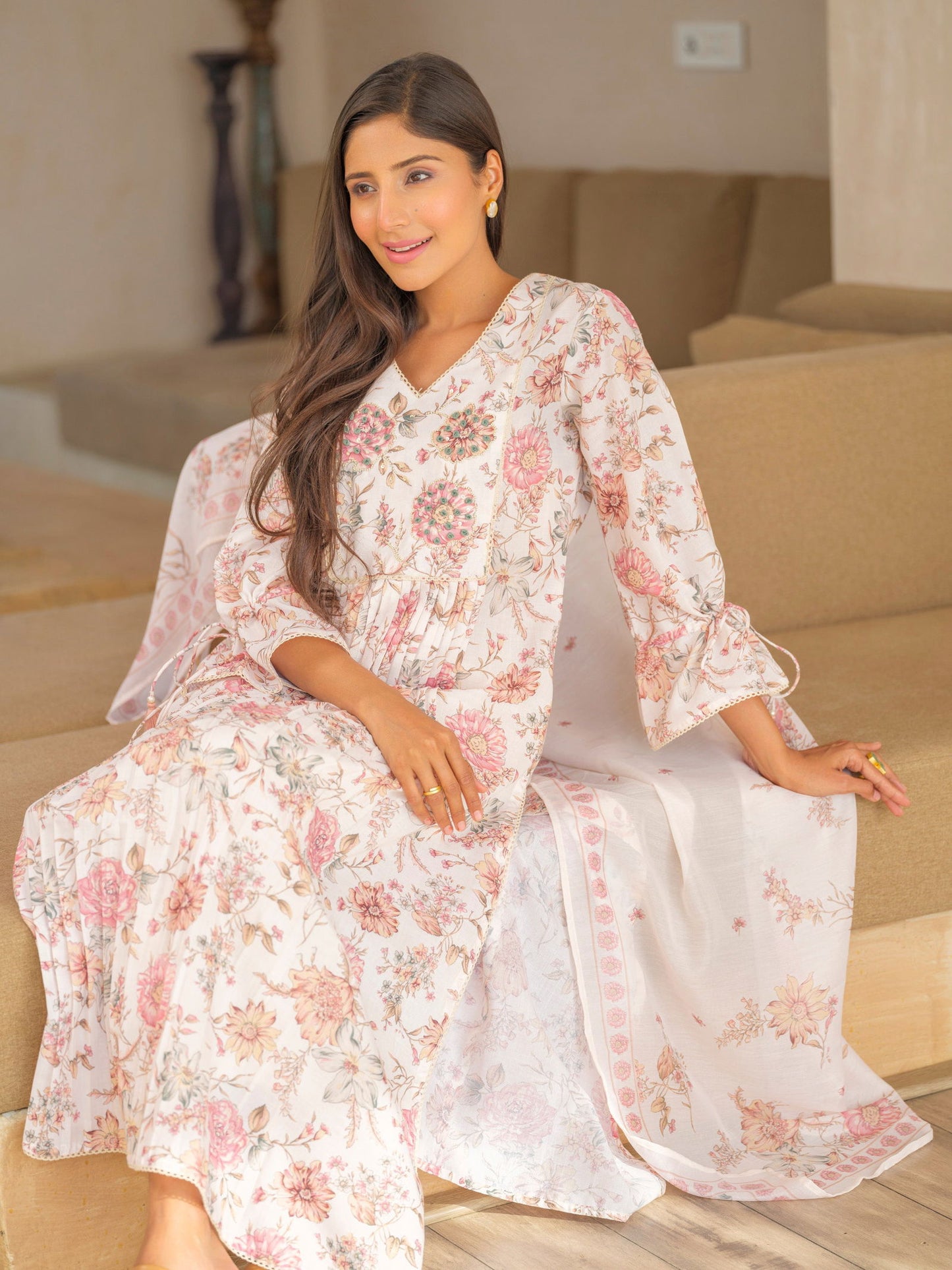 Off White Floral Printed A-Line Kurta and Trousers With Dupatta - Buy Best Ethnic Wear for Women & Girls | Daily Woman -