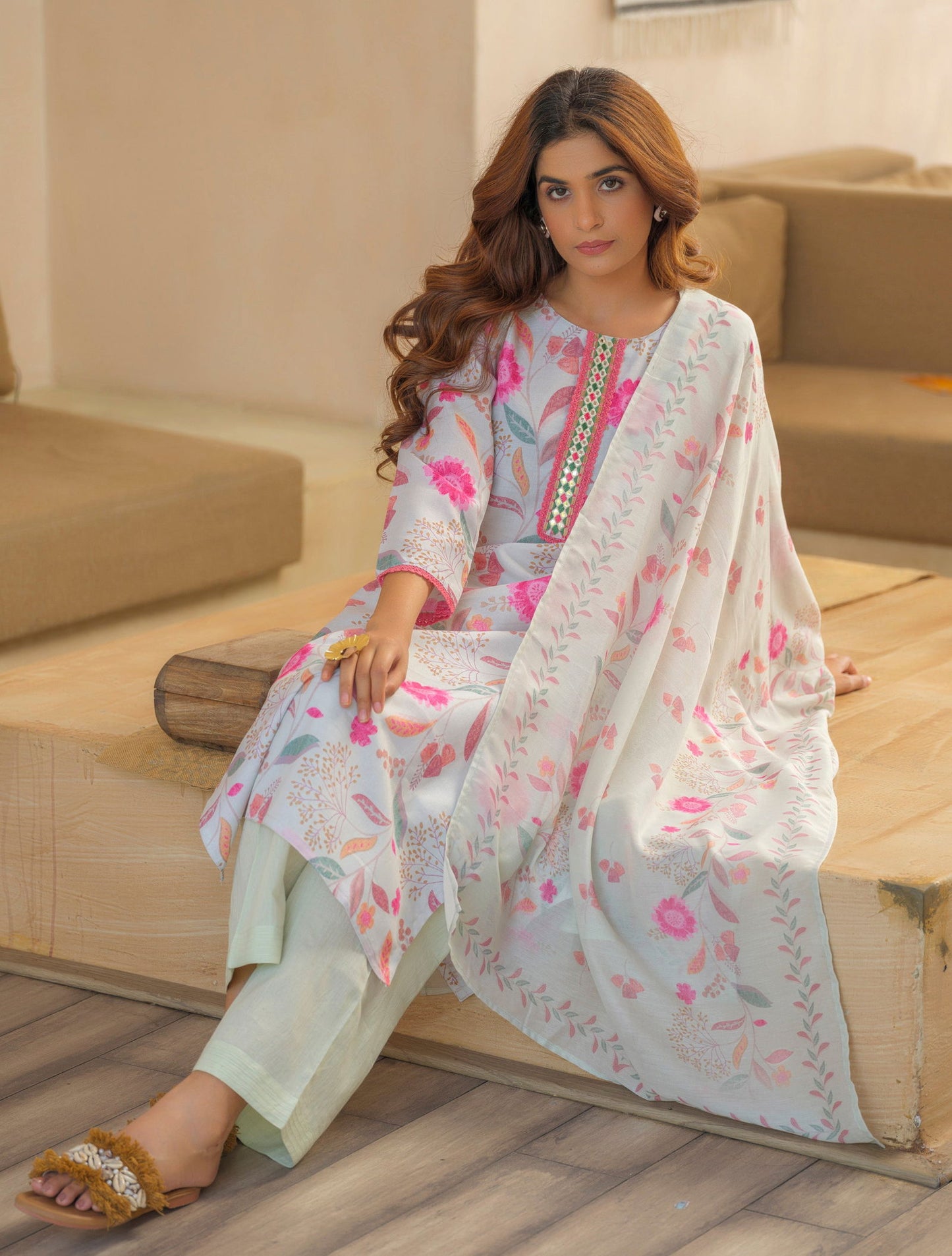 Off White Floral Printed Straight Kurta and Trousers With Dupatta - Buy Best Ethnic Wear for Women & Girls | Daily Woman -