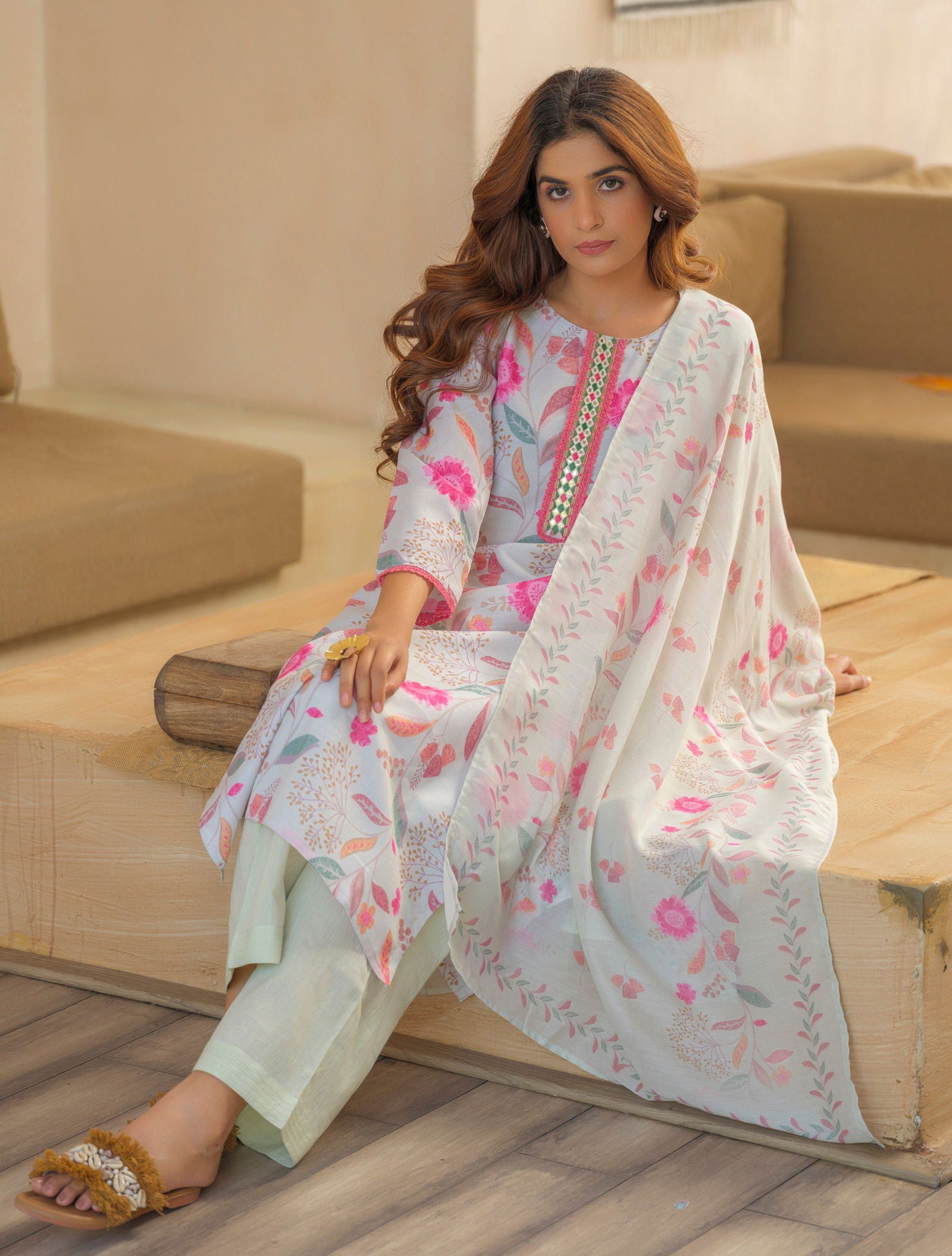 Off White Floral Printed Straight Kurta and Trousers With Dupatta - Buy Best Ethnic Wear for Women & Girls | Daily Woman -