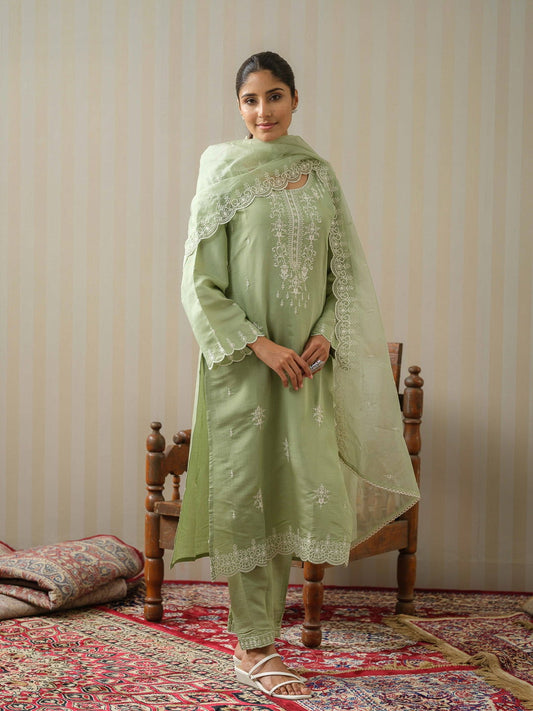 Olive Embroidered Woven Design Straight Kurta and Trousers With Dupatta - Buy Best Ethnic Wear for Women & Girls | Daily Woman -