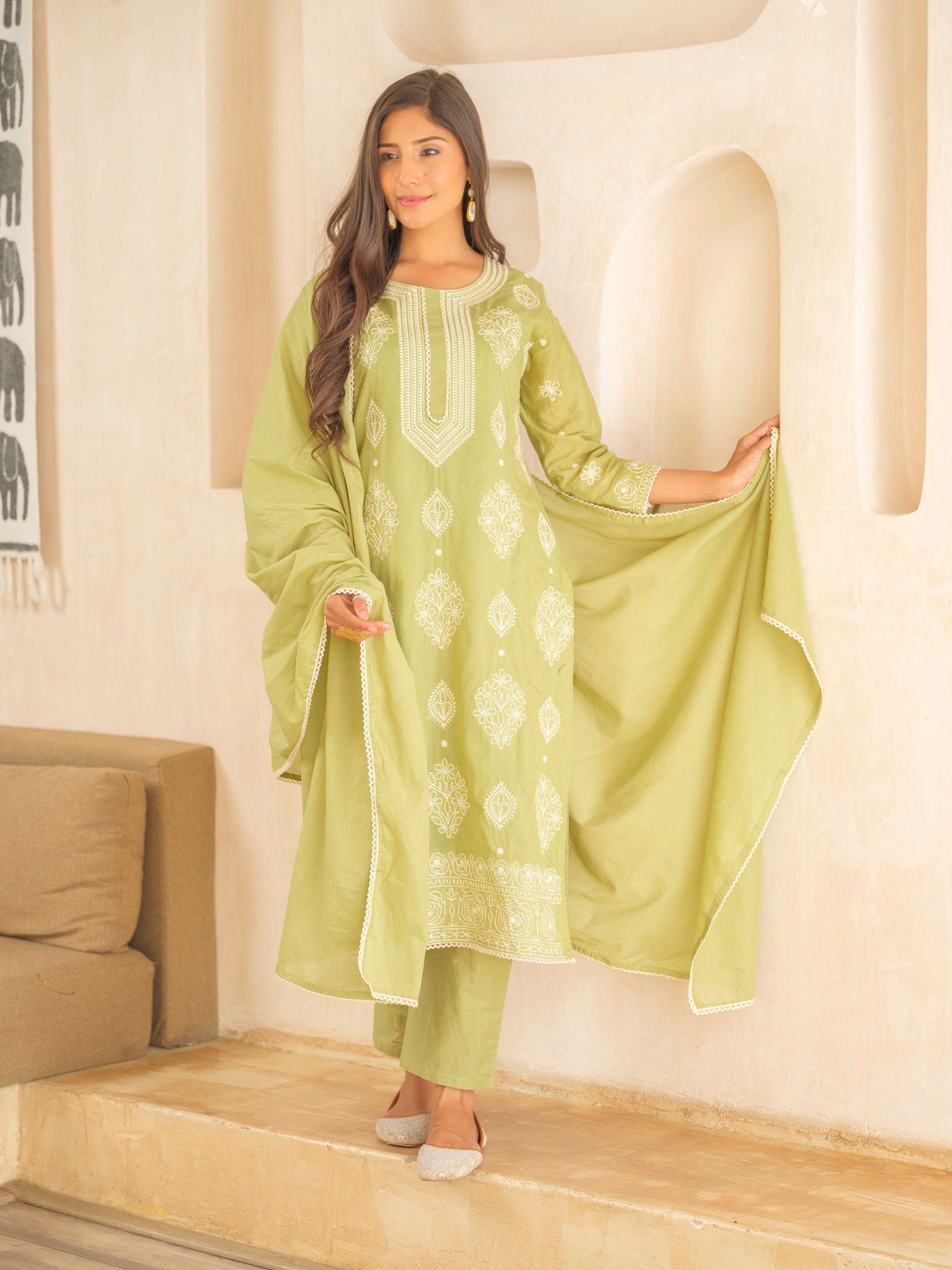 Olive Ethnic Motifs Embroidered Straight Kurta and Trousers With Dupatta - Buy Best Ethnic Wear for Women & Girls | Daily Woman -