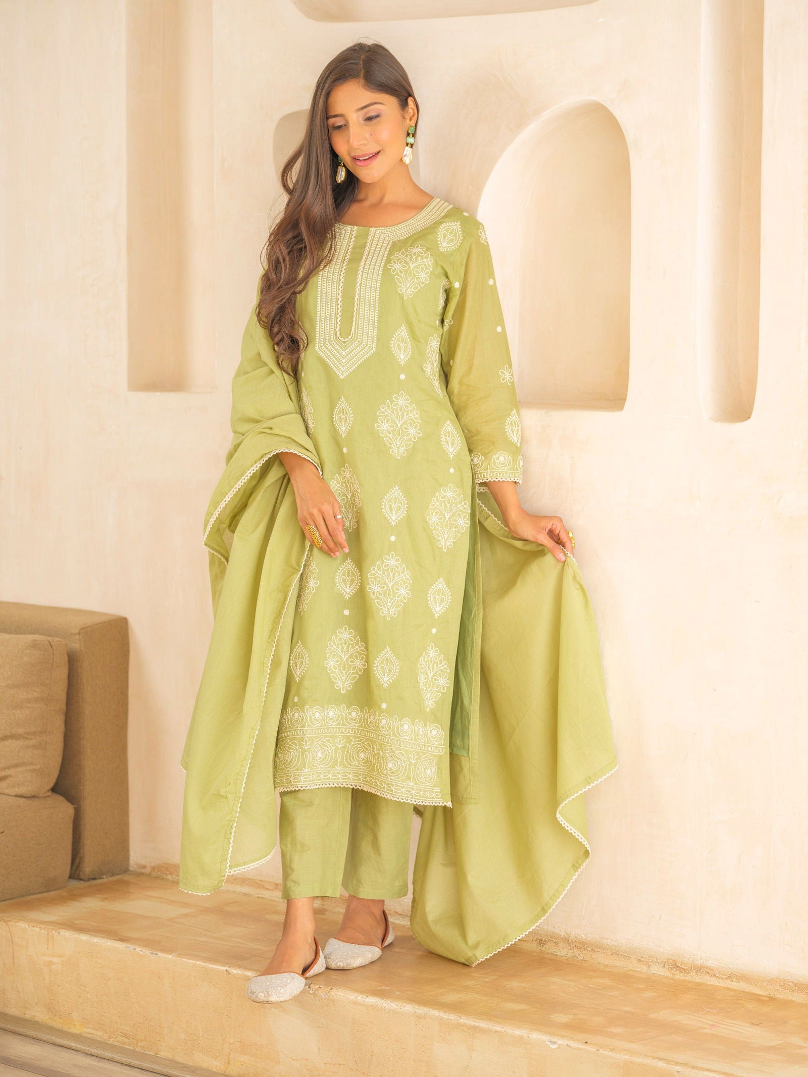 Olive Ethnic Motifs Embroidered Straight Kurta and Trousers With Dupatta - Buy Best Ethnic Wear for Women & Girls | Daily Woman -