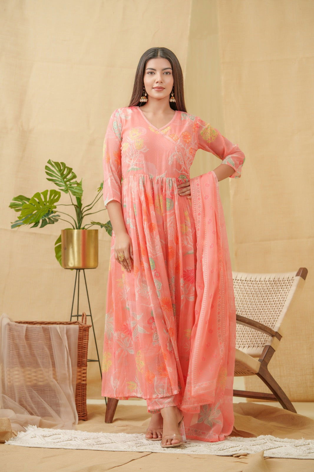 Orange Floral Printed Angrakha A-Line Kurta With Palazzos & Dupatta - Buy Best Ethnic Wear for Women & Girls | Daily Woman -