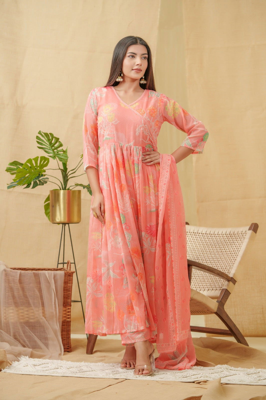 Orange Floral Printed Angrakha A-Line Kurta With Palazzos & Dupatta - Buy Best Ethnic Wear for Women & Girls | Daily Woman -