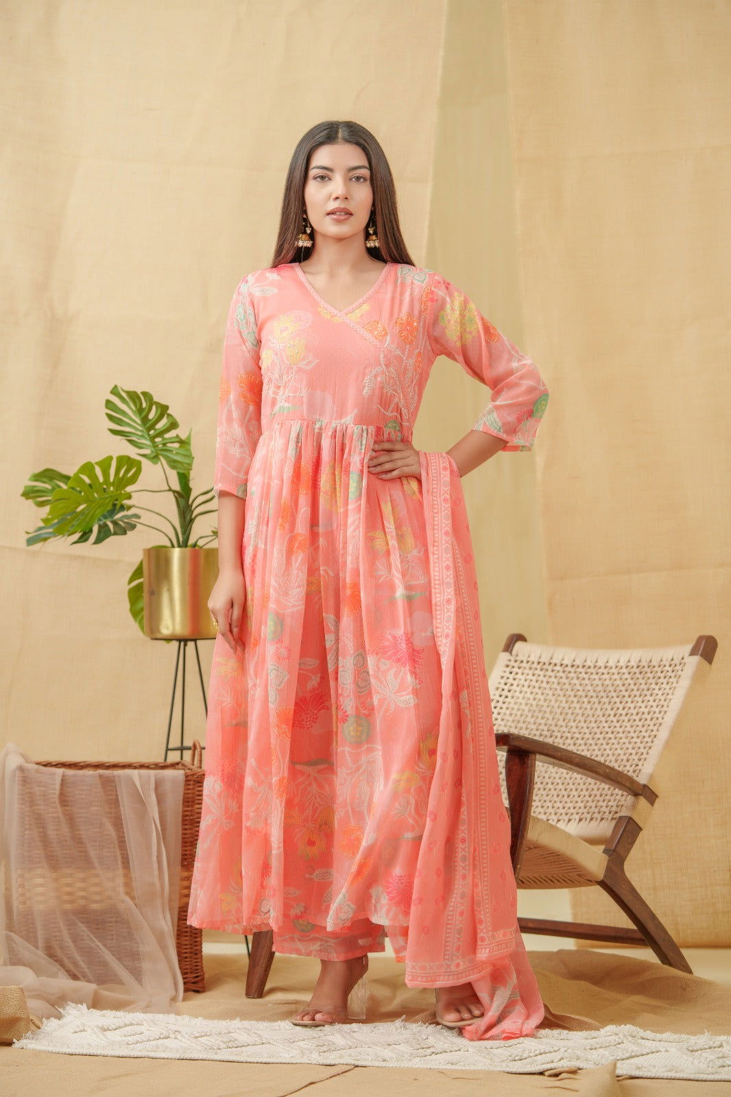 Orange Floral Printed Angrakha A-Line Kurta With Palazzos & Dupatta - Buy Best Ethnic Wear for Women & Girls | Daily Woman -