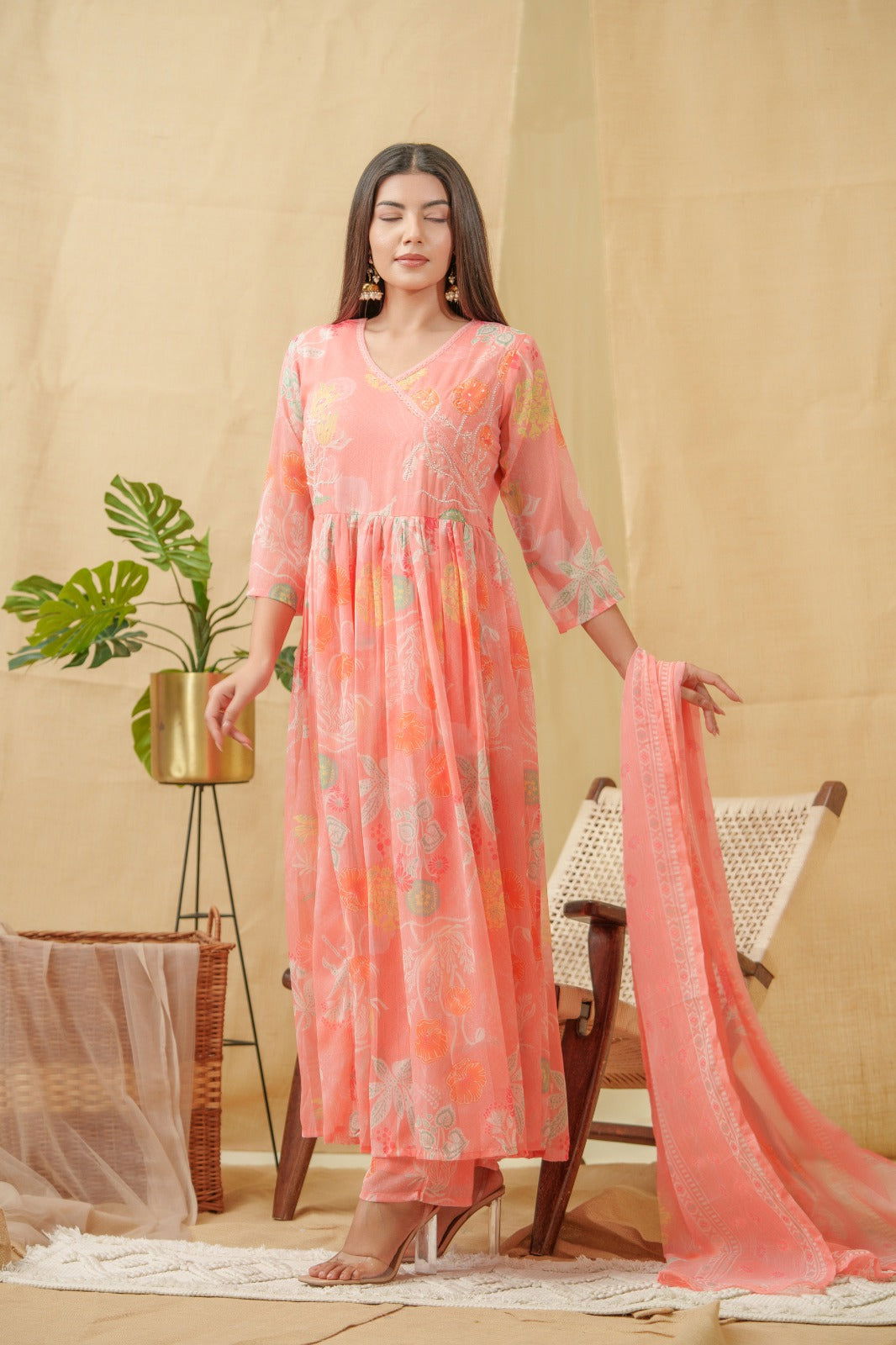 Orange Floral Printed Angrakha A-Line Kurta With Palazzos & Dupatta - Buy Best Ethnic Wear for Women & Girls | Daily Woman -