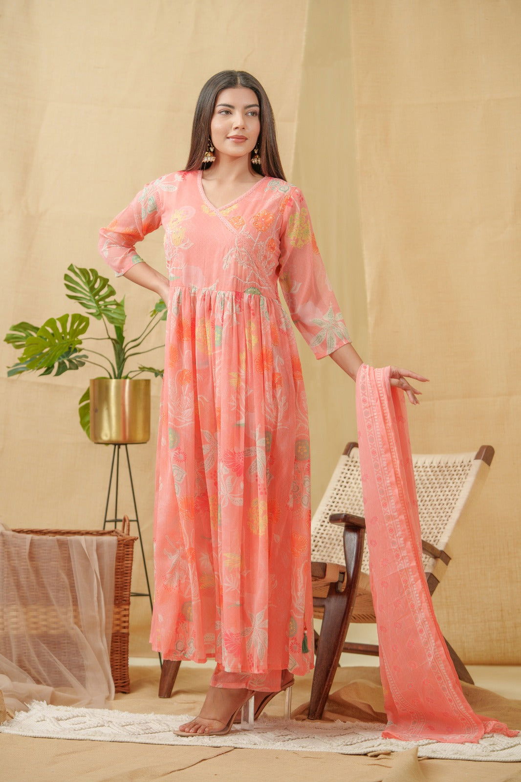 Orange Floral Printed Angrakha A-Line Kurta With Palazzos & Dupatta - Buy Best Ethnic Wear for Women & Girls | Daily Woman -
