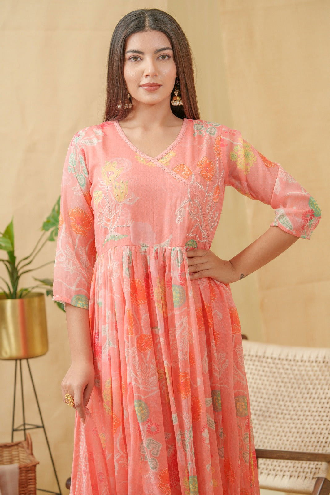 Orange Floral Printed Angrakha A-Line Kurta With Palazzos & Dupatta - Buy Best Ethnic Wear for Women & Girls | Daily Woman -
