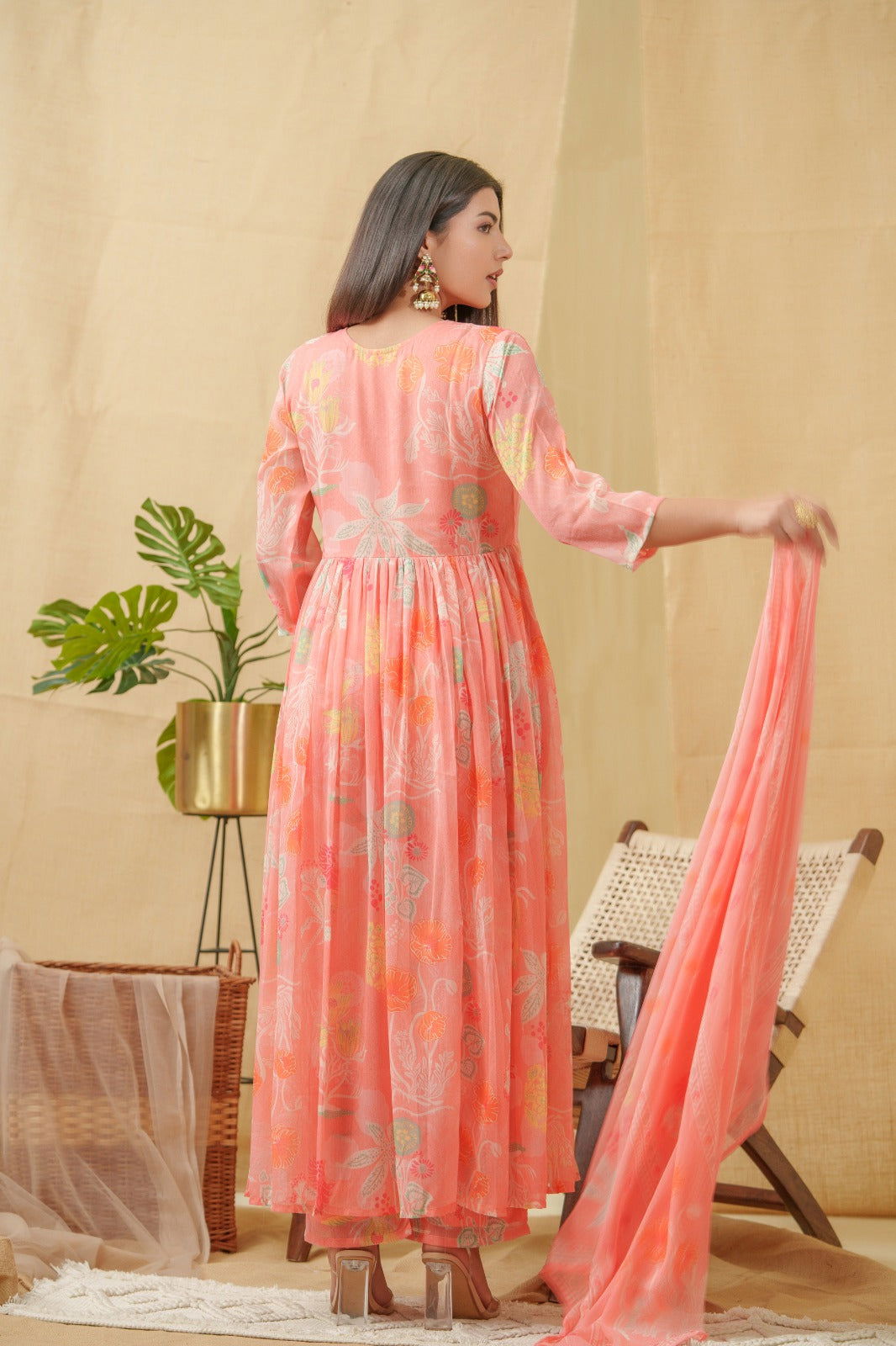 Orange Floral Printed Angrakha A-Line Kurta With Palazzos & Dupatta - Buy Best Ethnic Wear for Women & Girls | Daily Woman -