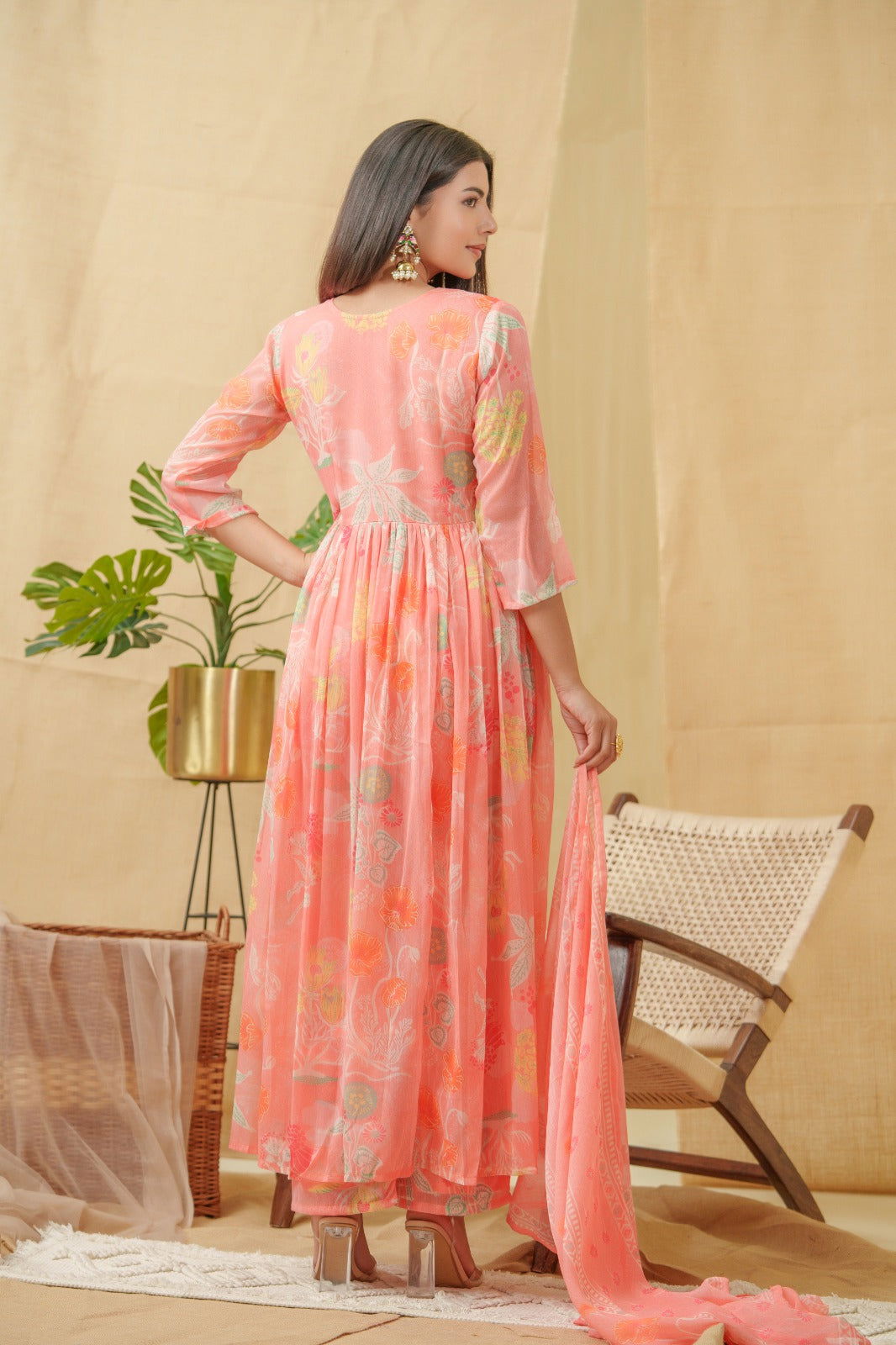 Orange Floral Printed Angrakha A-Line Kurta With Palazzos & Dupatta - Buy Best Ethnic Wear for Women & Girls | Daily Woman -