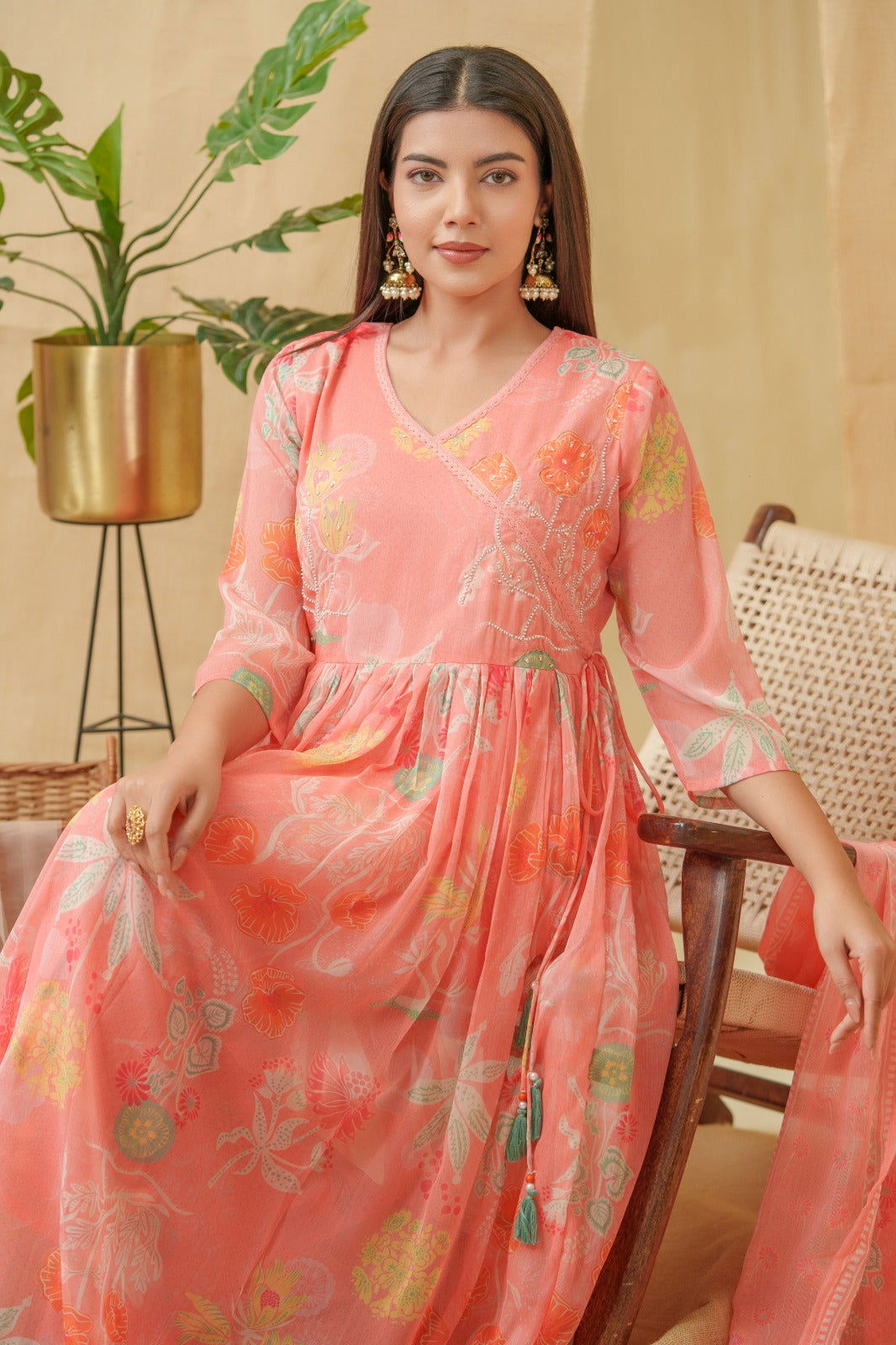Orange Floral Printed Angrakha A-Line Kurta With Palazzos & Dupatta - Buy Best Ethnic Wear for Women & Girls | Daily Woman -