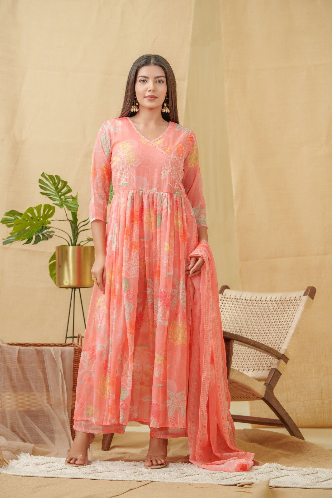 Orange Floral Printed Angrakha A-Line Kurta With Palazzos & Dupatta - Buy Best Ethnic Wear for Women & Girls | Daily Woman -